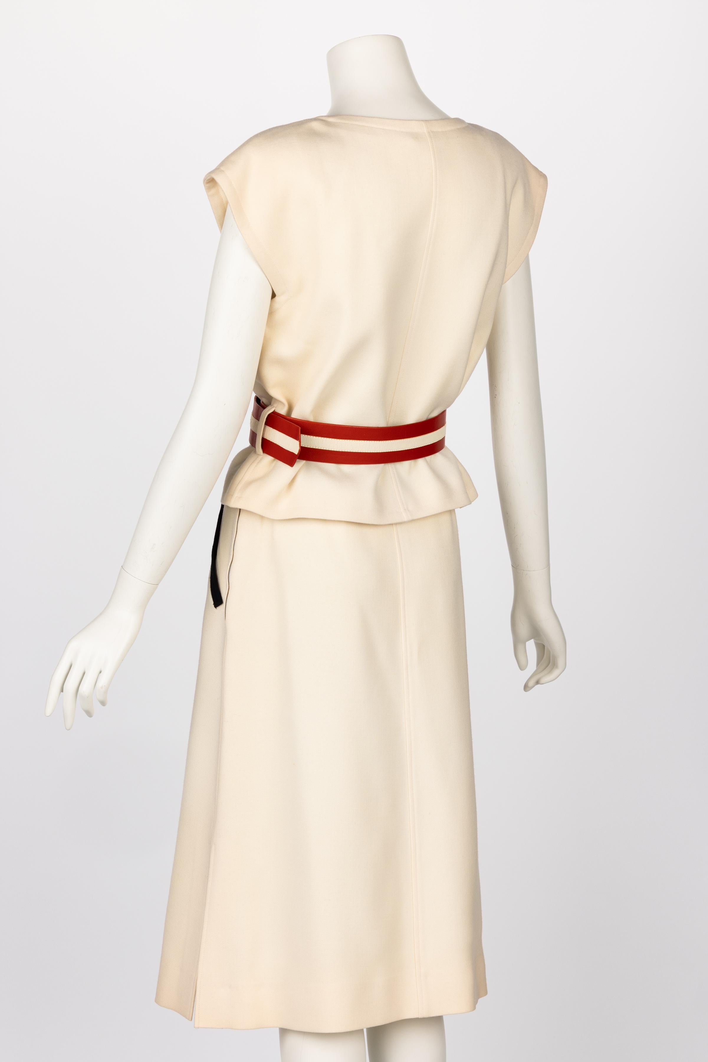 VIintage Courrèges Paris Ivory Wool Belted Jacket & Skirt In Excellent Condition For Sale In Boca Raton, FL