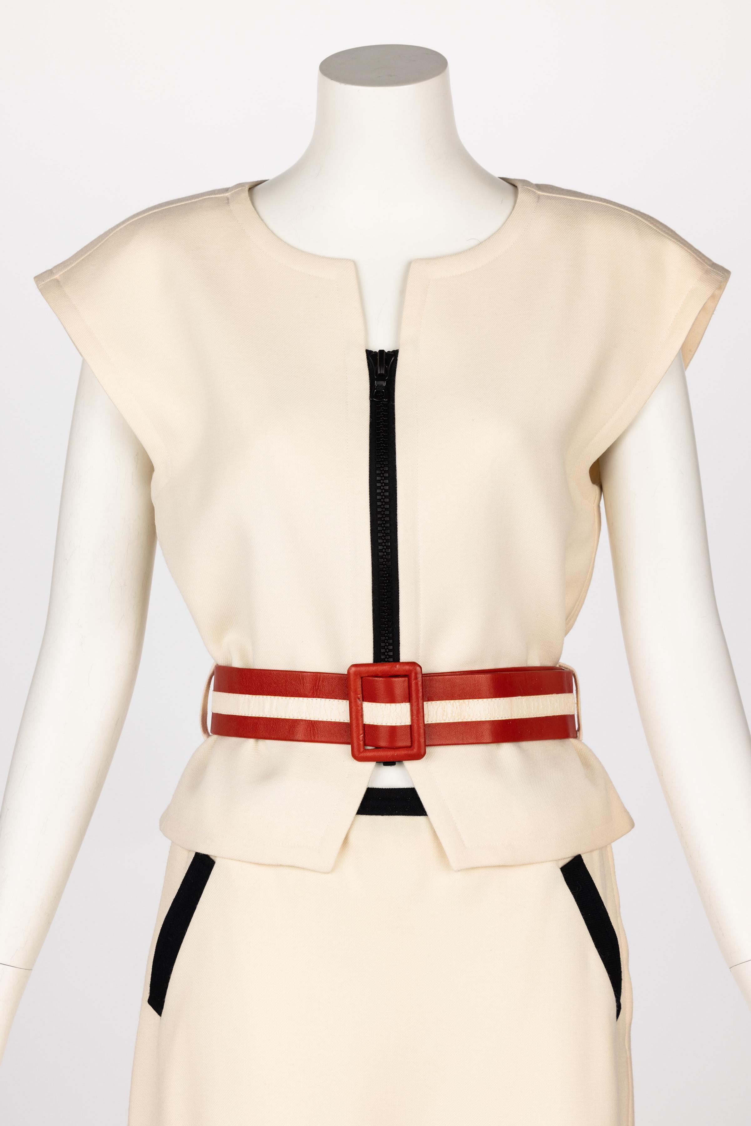 VIintage Courrèges Paris Ivory Wool Belted Jacket & Skirt For Sale 1