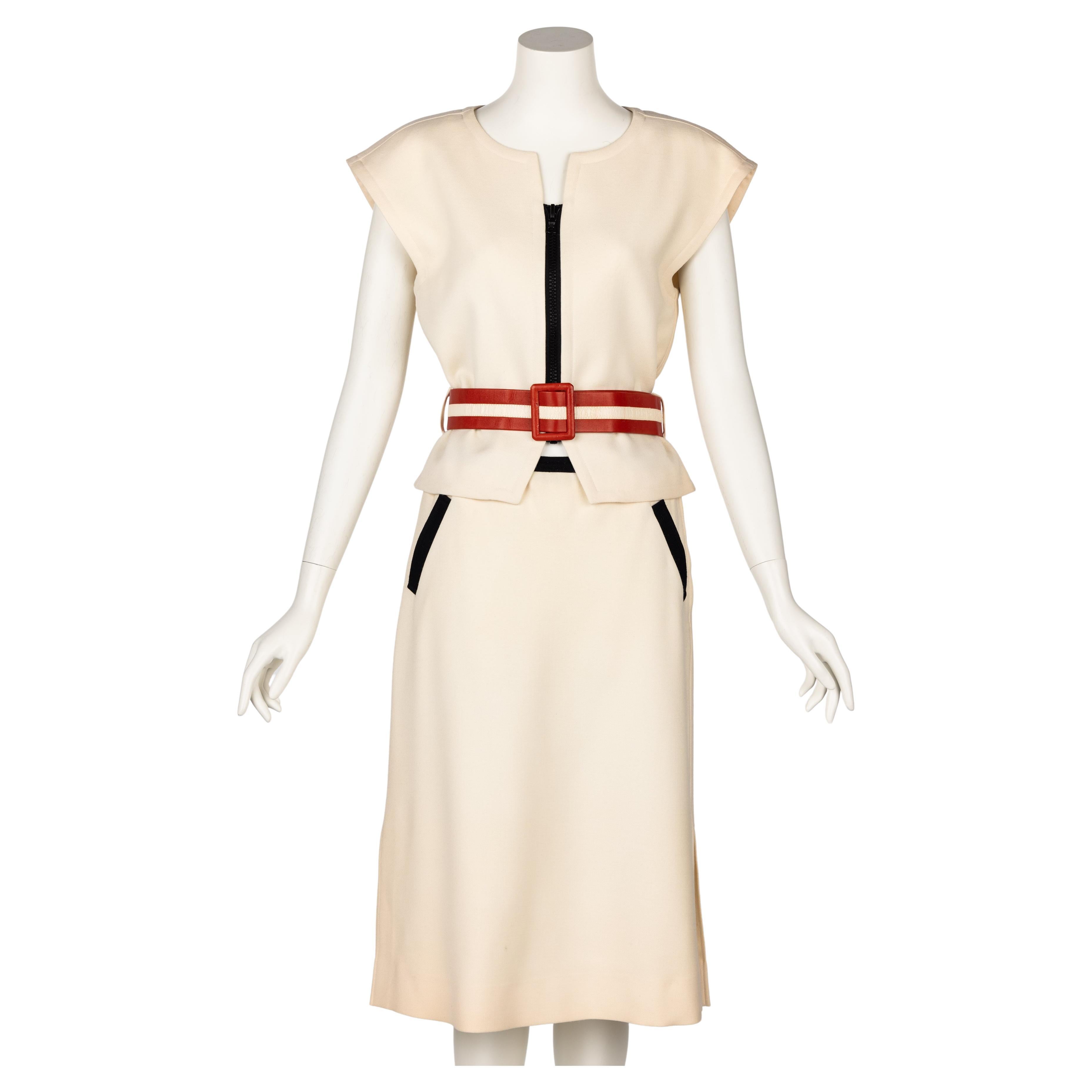 VIintage Courrèges Paris Ivory Wool Belted Jacket & Skirt For Sale