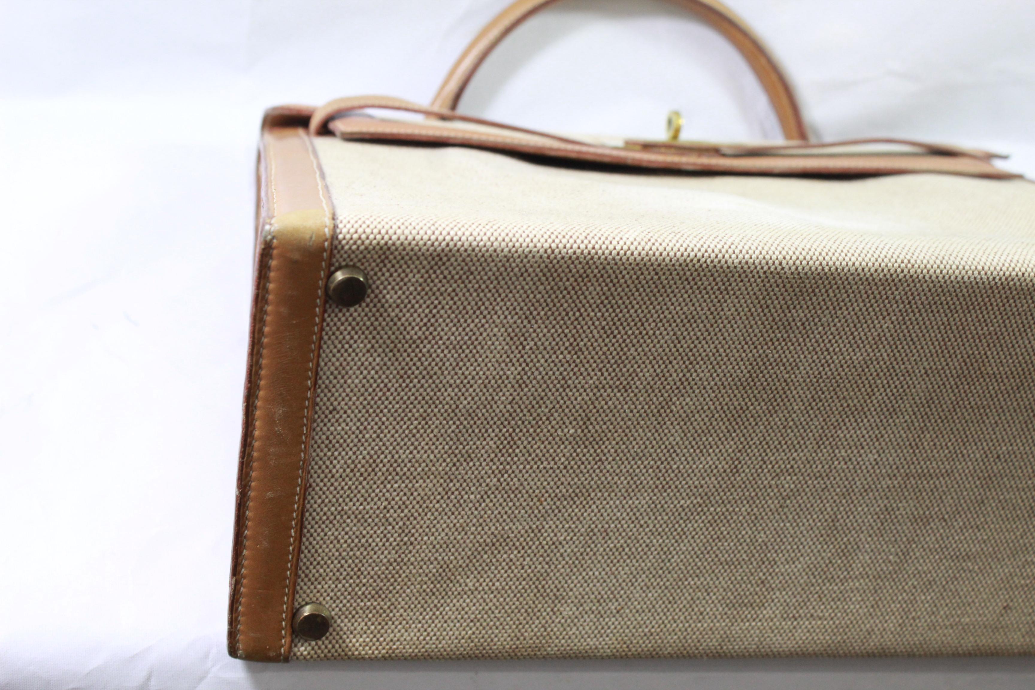 Viintage Hermes Kelly 35 in Brown Leather and Canvas. Fair condition 1