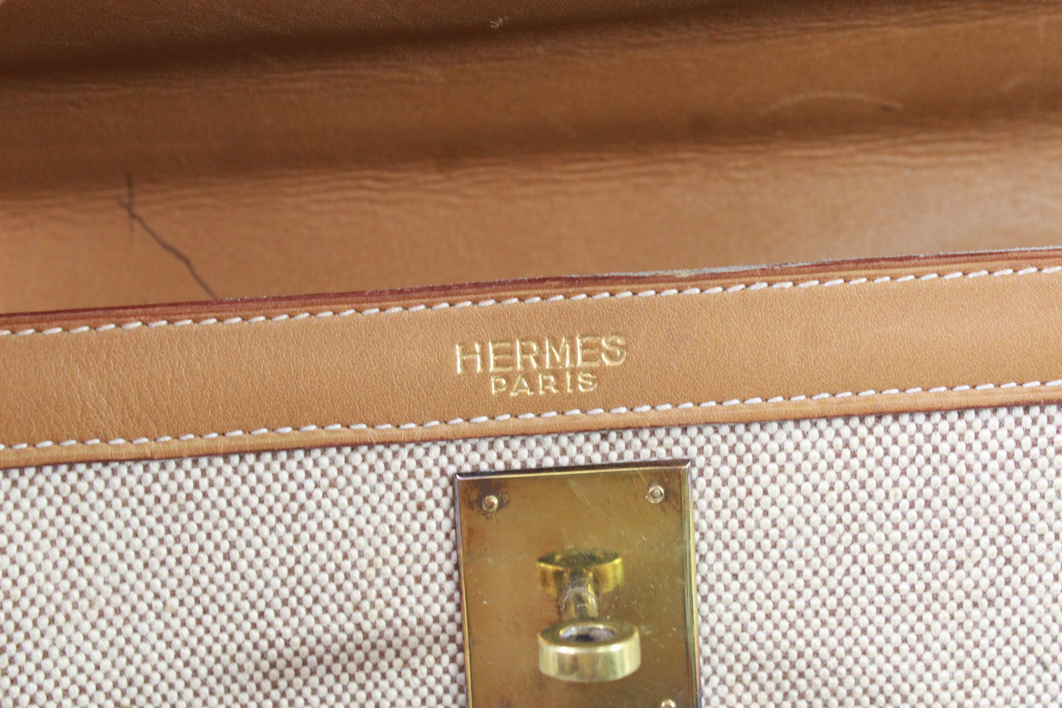 Viintage Hermes Kelly 35 in Brown Leather and Canvas. Fair condition 2