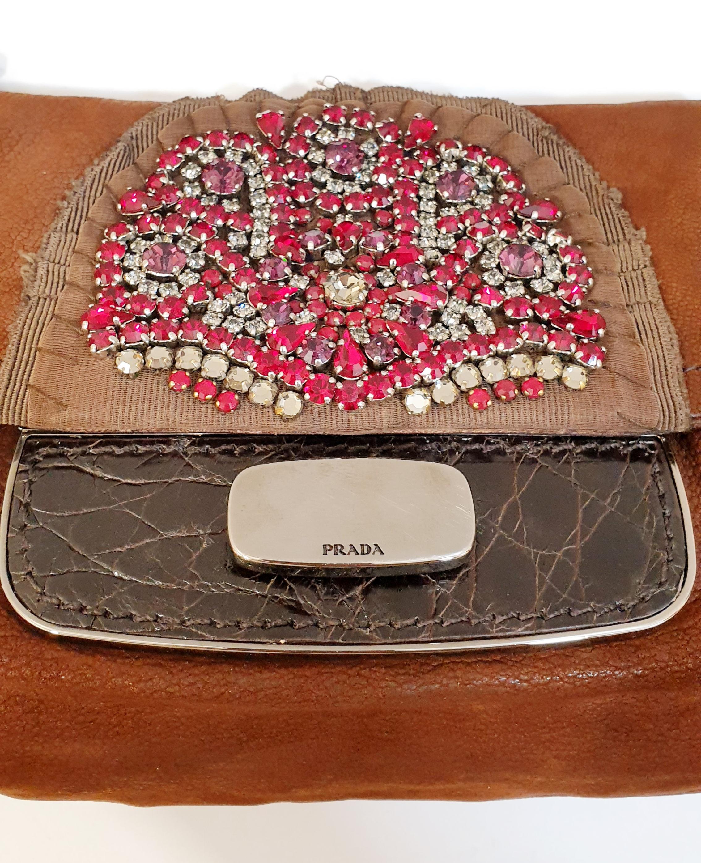 VIintage Prada Clutch in Carved Leather Suede and Swaroski crystals  For Sale 1