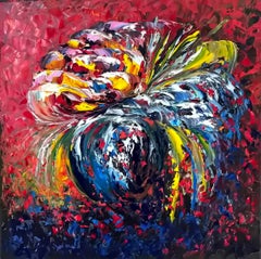 Blumenstrauß der Energie. Interieur-expressionistisches halb-abstraktes Ölgemälde. 30x30cm.
