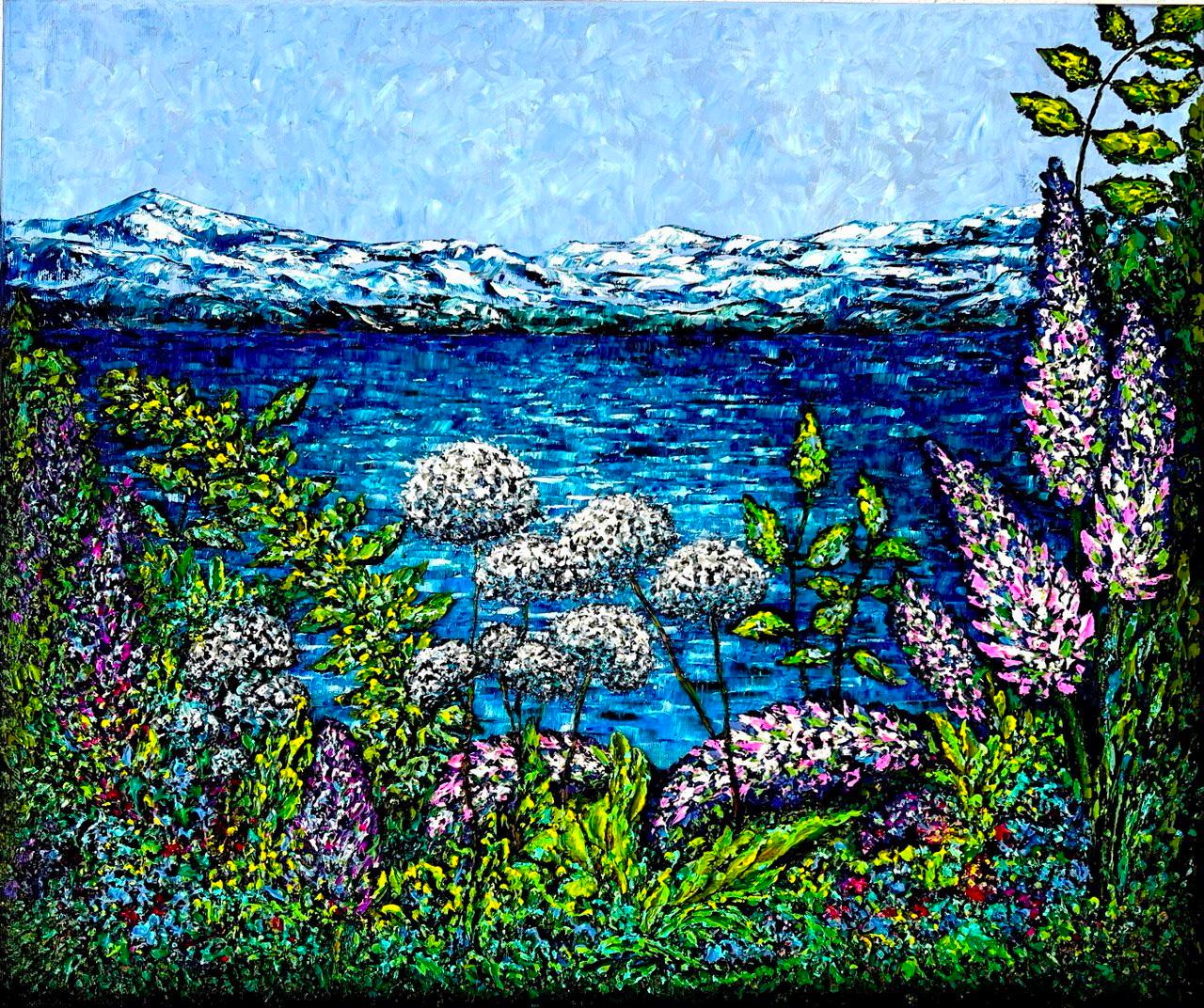 Landscape Painting Vik Schroeder  - Au bord du lac Hallwilersee / peinture à l'huile impressionniste à l'empâtement.