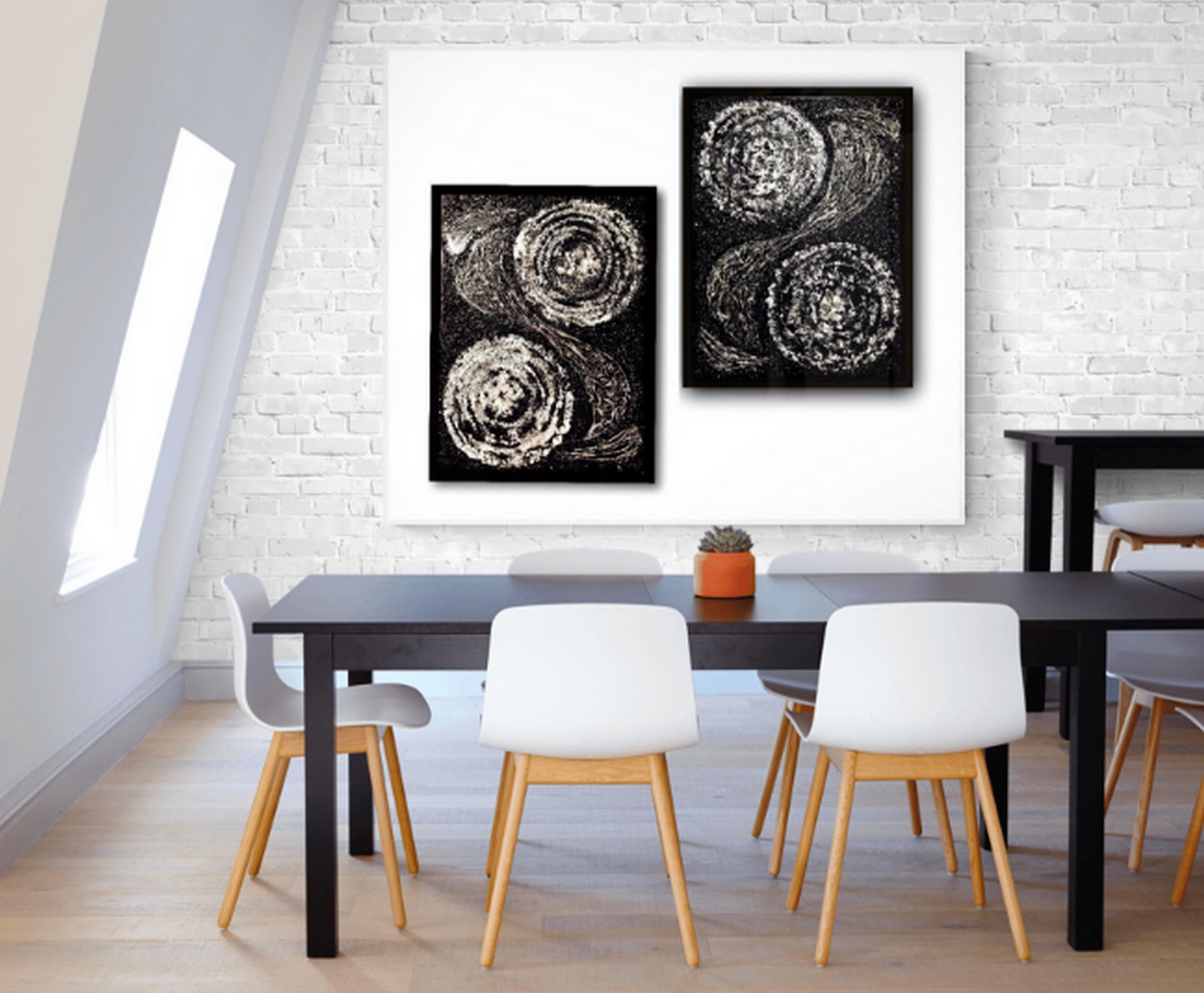 Set of 2 Wall Sculpture. Diptych. Collage Mixed Media on canvas, black & white. For Sale 1