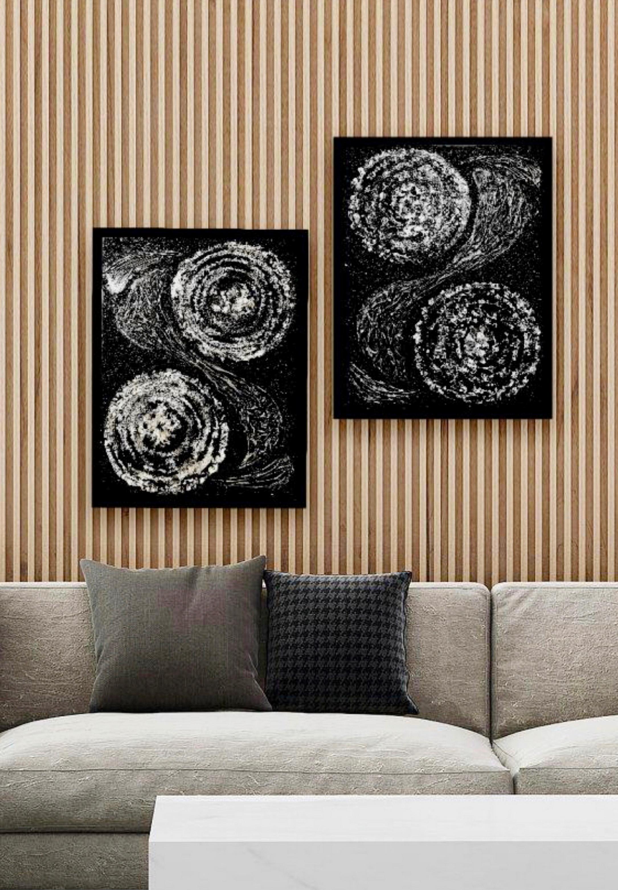 Set of 2 Wall Sculpture. Diptych. Collage Mixed Media on canvas, black & white.