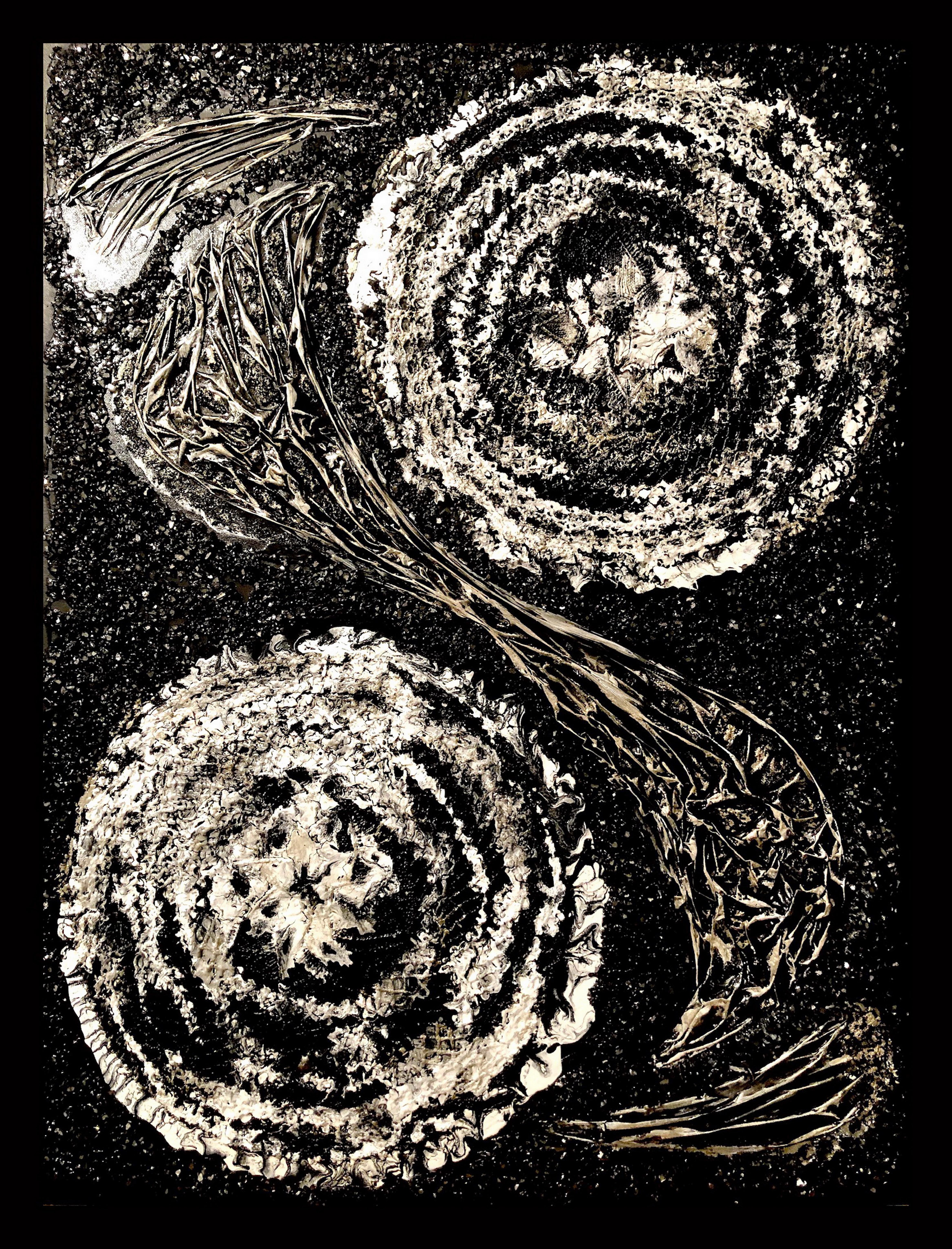 Set of 2 Wall Sculpture. Diptych. Collage Mixed Media on canvas, black & white. For Sale 10