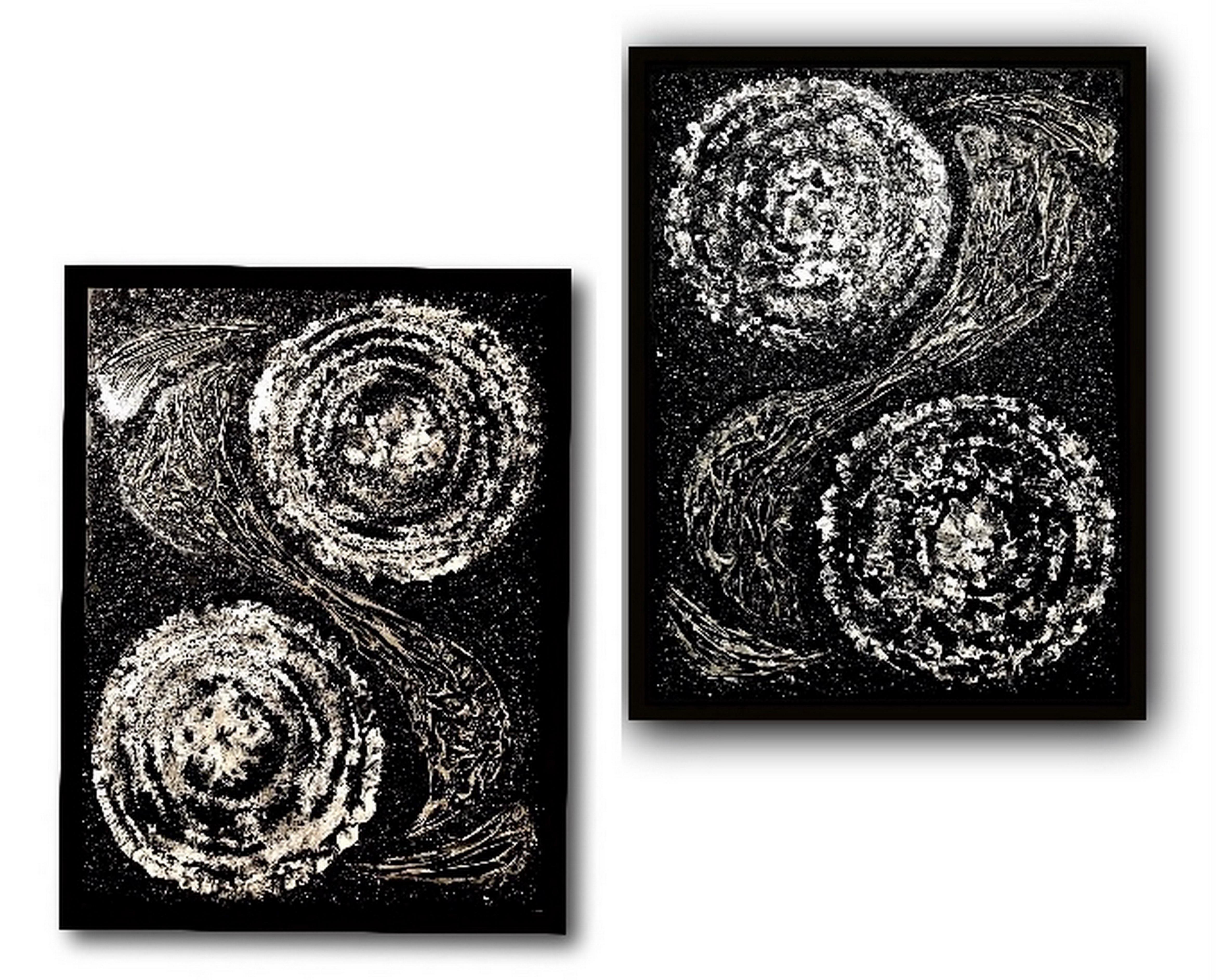 Set of 2 Wall Sculpture. Diptych. Collage Mixed Media on canvas, black & white.