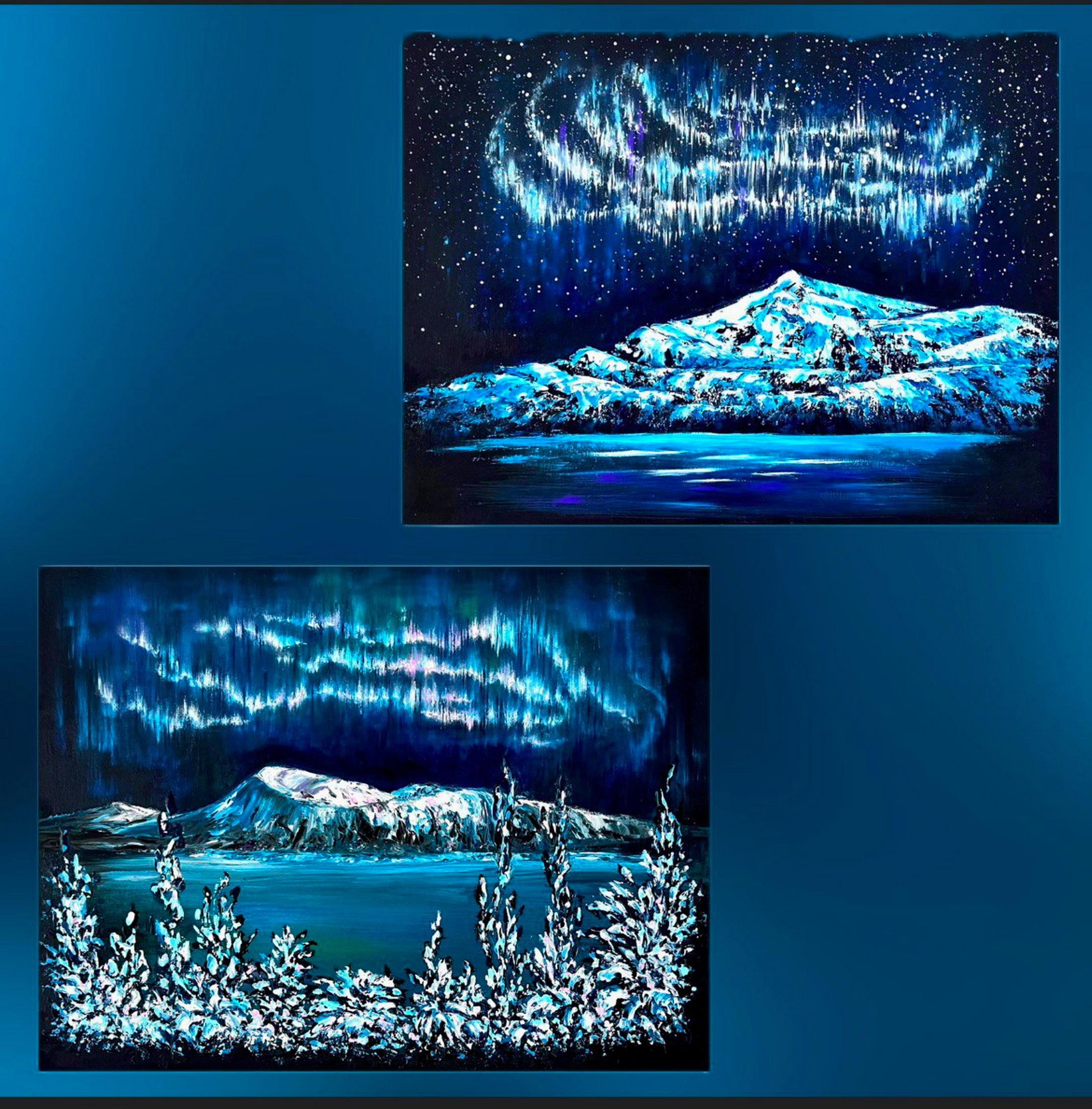     El díptico presentado explora el tema del paisaje nocturno, creando dos imágenes interconectadas. El fabuloso cielo con corrientes de auroras boreales añade misterio al cuadro. La combinación de colores, con predominio de los tonos azules,