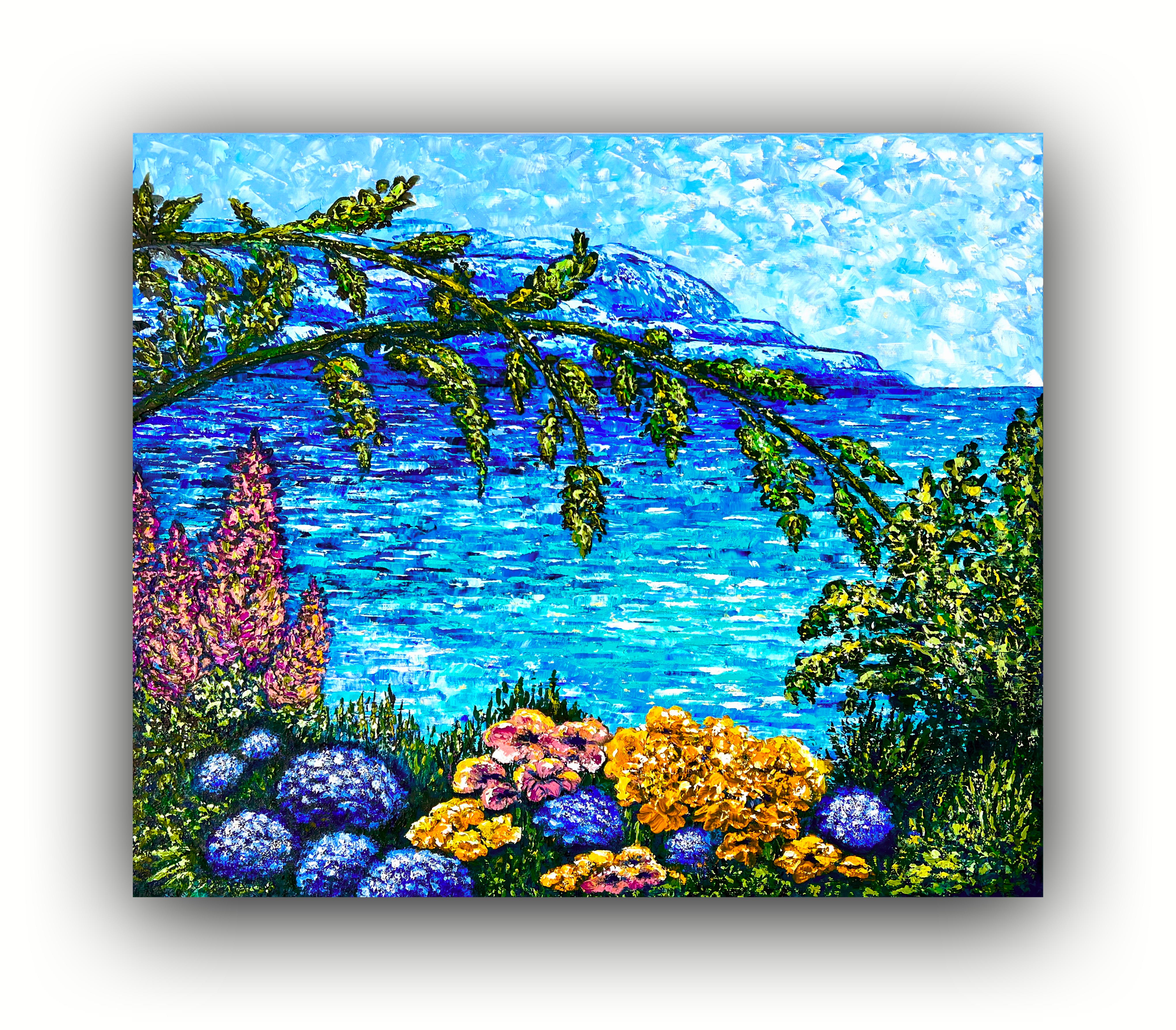  This painting is a passion into the vibrant dance of oils on canvas, capturing the interplay of light with nature's colors. The blooms and foliage, heavy with texture, draw the viewer into a world of serene beauty. The waters mingle with sky in a