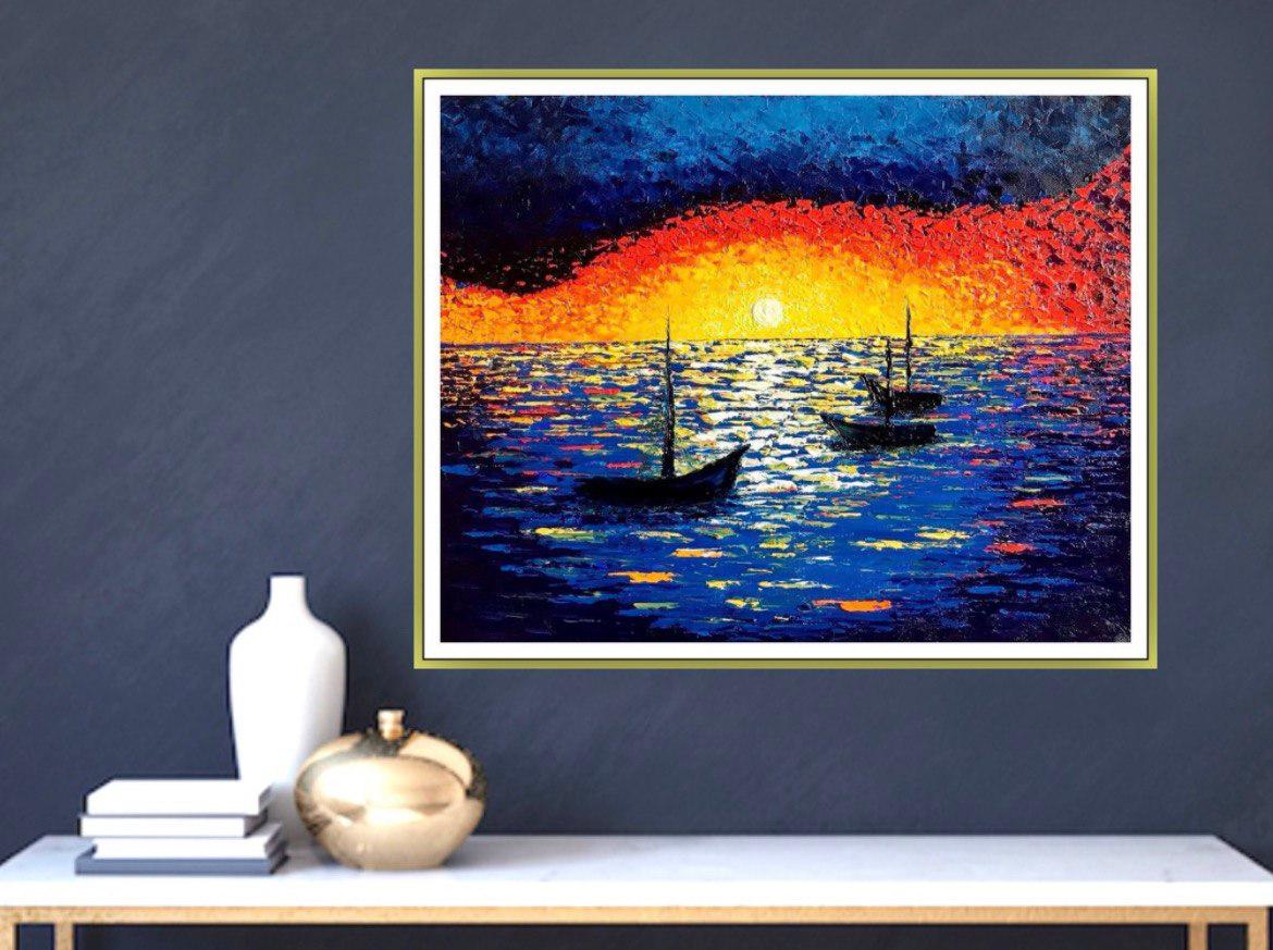 Repos du soir. Peinture à l'huile, impressionnisme Sunset en mer, eau, beaux-arts - Painting de Vik Schroeder 