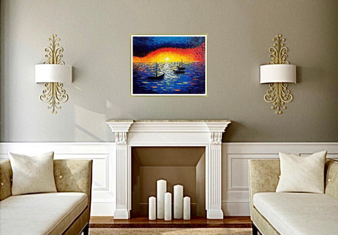 Repos du soir. Peinture à l'huile, impressionnisme Sunset en mer, eau, beaux-arts - Impressionnisme abstrait Painting par Vik Schroeder 