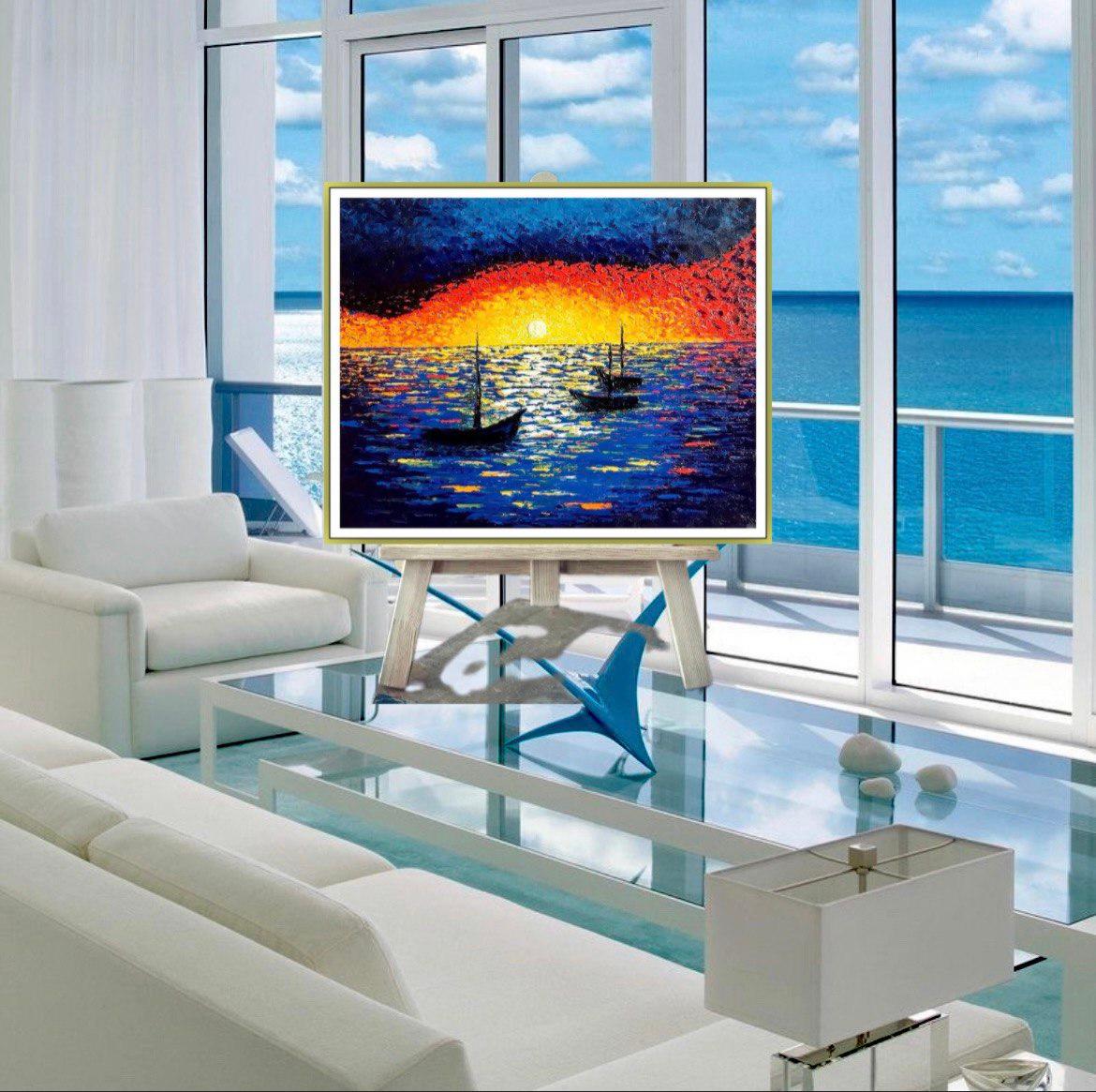 Repos du soir. Peinture à l'huile, impressionnisme Sunset en mer, eau, beaux-arts en vente 1