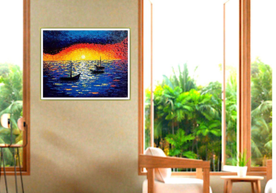 Evening Rest. Oil impasto painting, impressionism. Sea sunset, water, fine art. For Sale 1