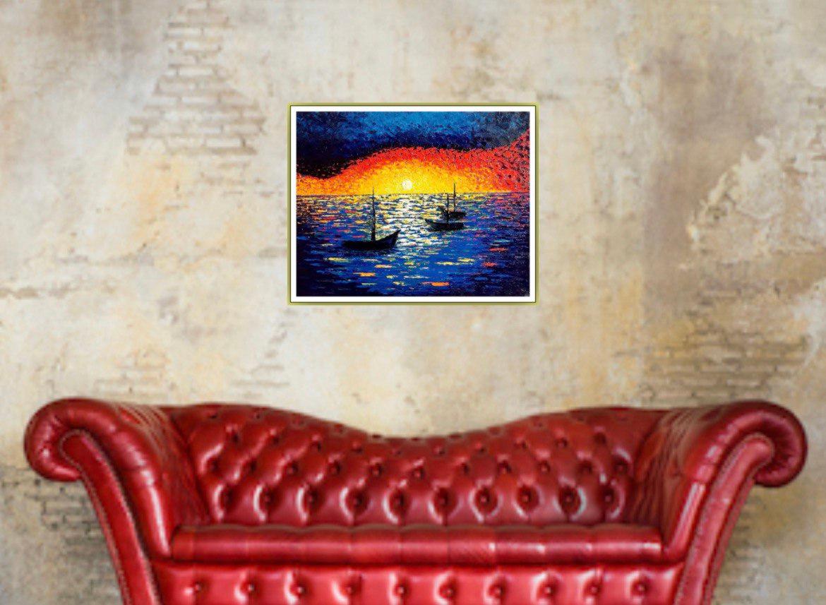 Repos du soir. Peinture à l'huile, impressionnisme Sunset en mer, eau, beaux-arts en vente 3