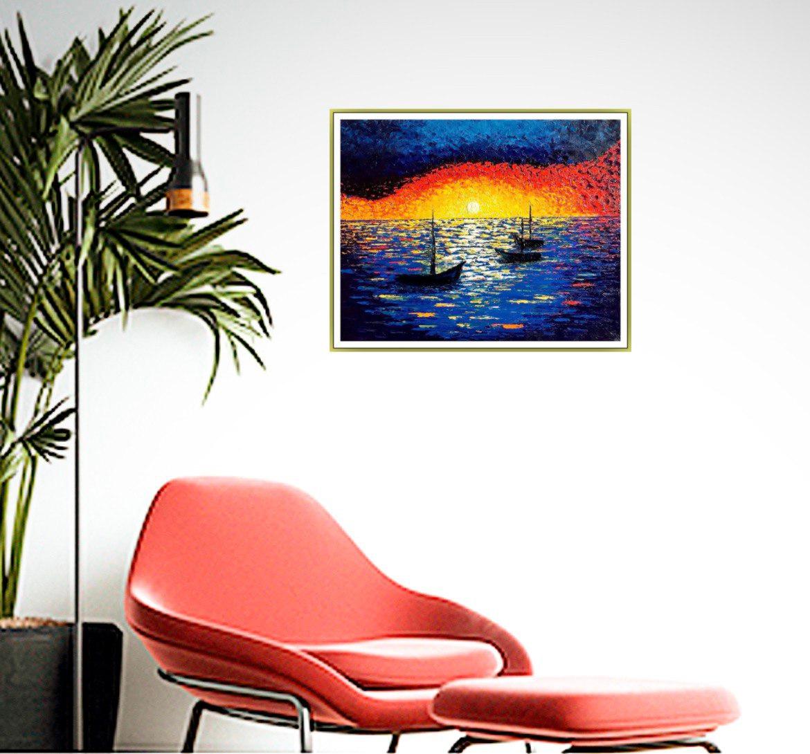 Evening Rest. Oil impasto painting, impressionism. Sea sunset, water, fine art. For Sale 3