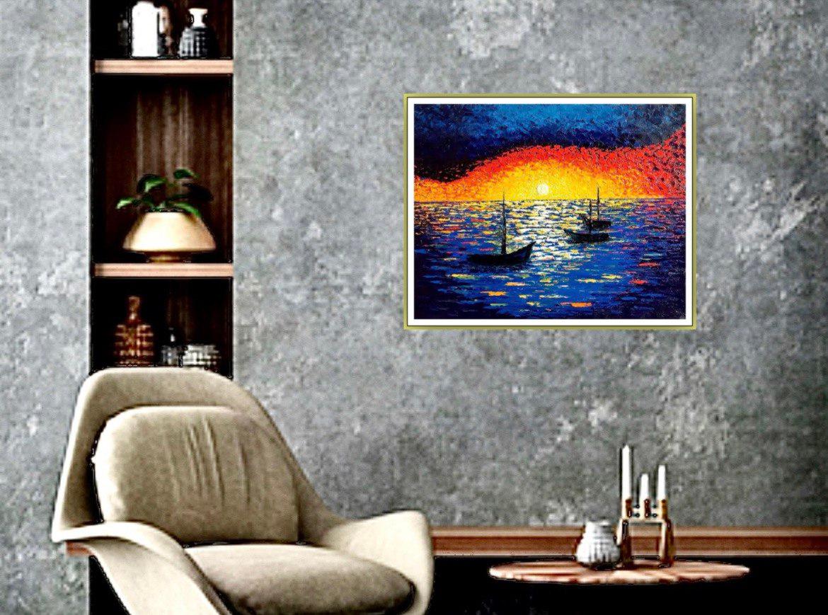 Repos du soir. Peinture à l'huile, impressionnisme Sunset en mer, eau, beaux-arts en vente 5