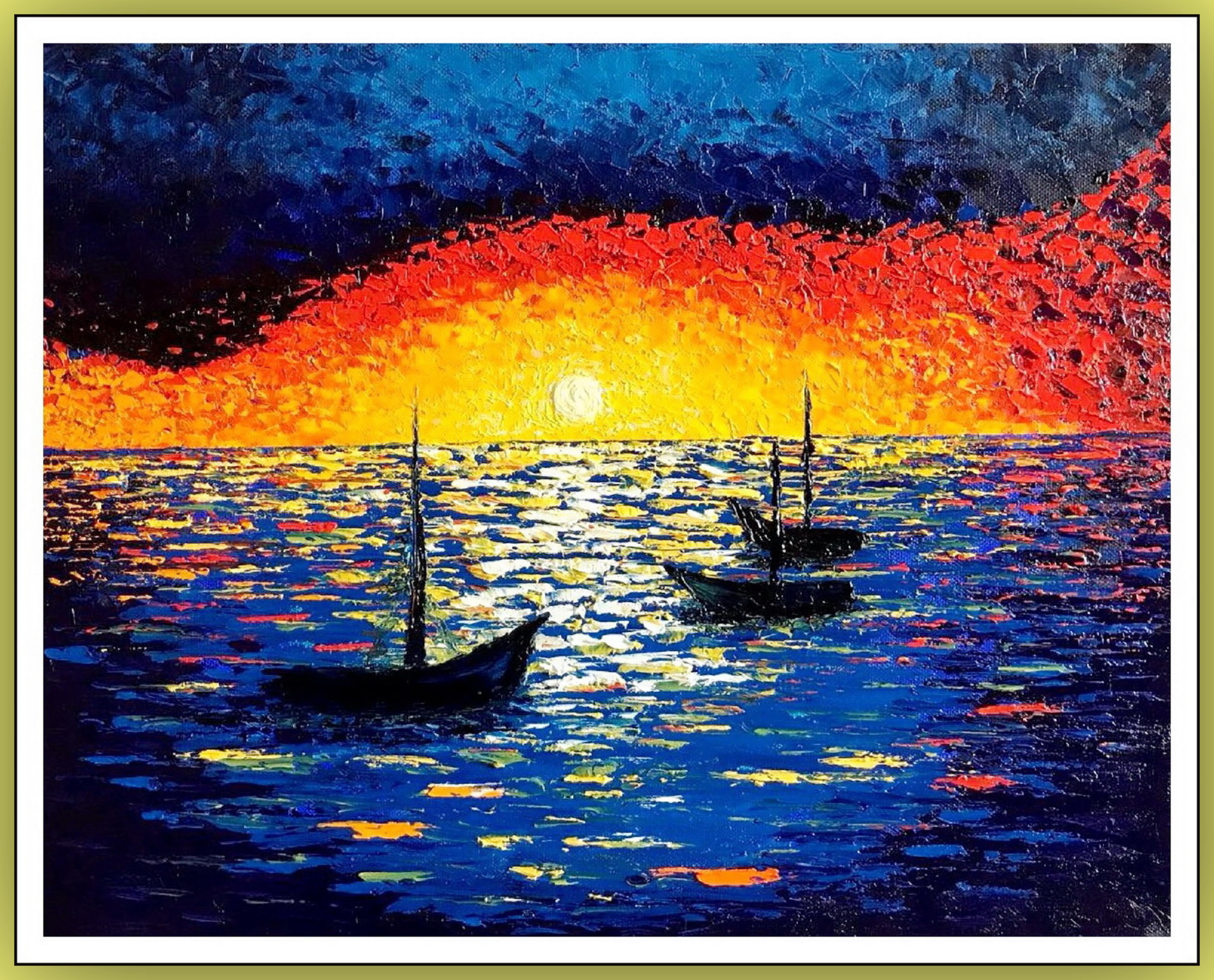 Repos du soir. Peinture à l'huile, impressionnisme Sunset en mer, eau, beaux-arts