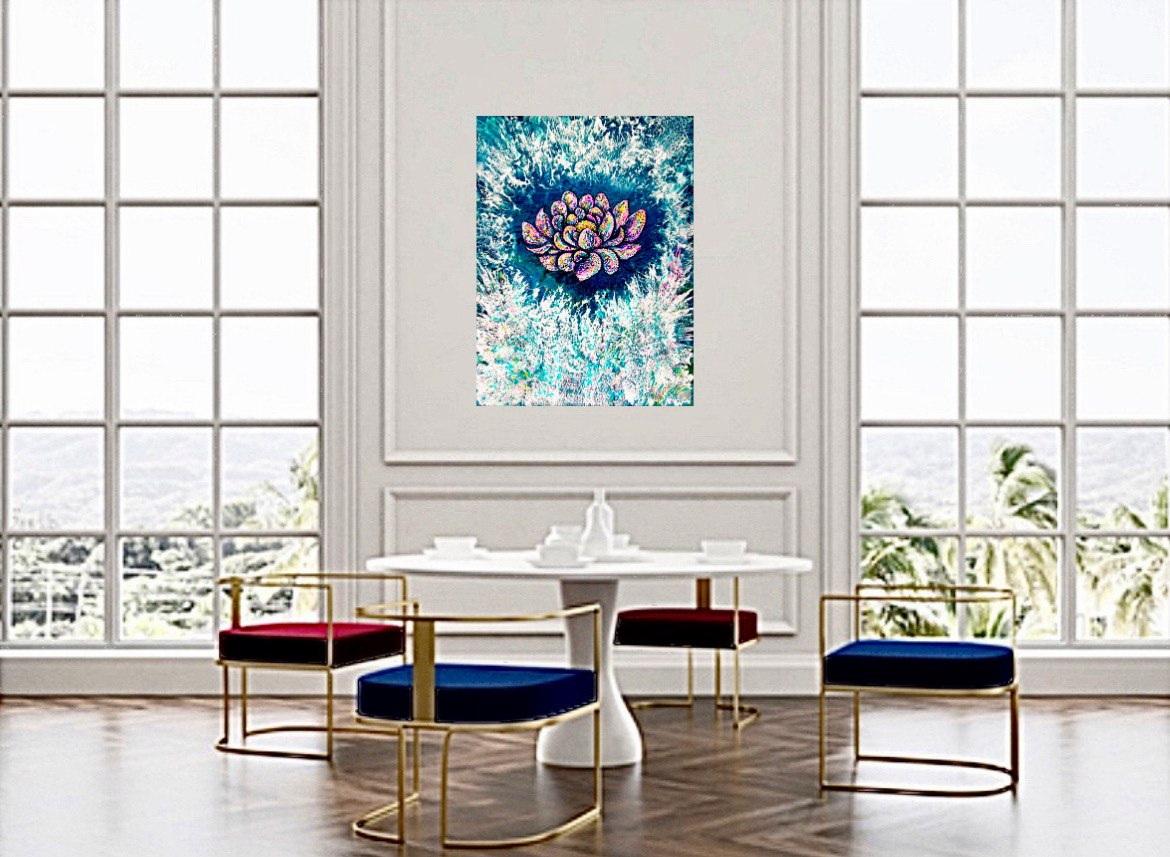 Inspirationsblume. Abstraktes Gemälde / Wasser / Lotus / Blumen / 80x60cm im Angebot 7
