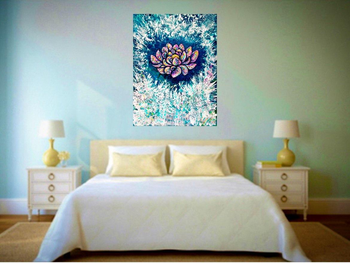 Flower of Inspiration. Abstract painting / Water / Lotus / Floral / 80x60cm For Sale 10