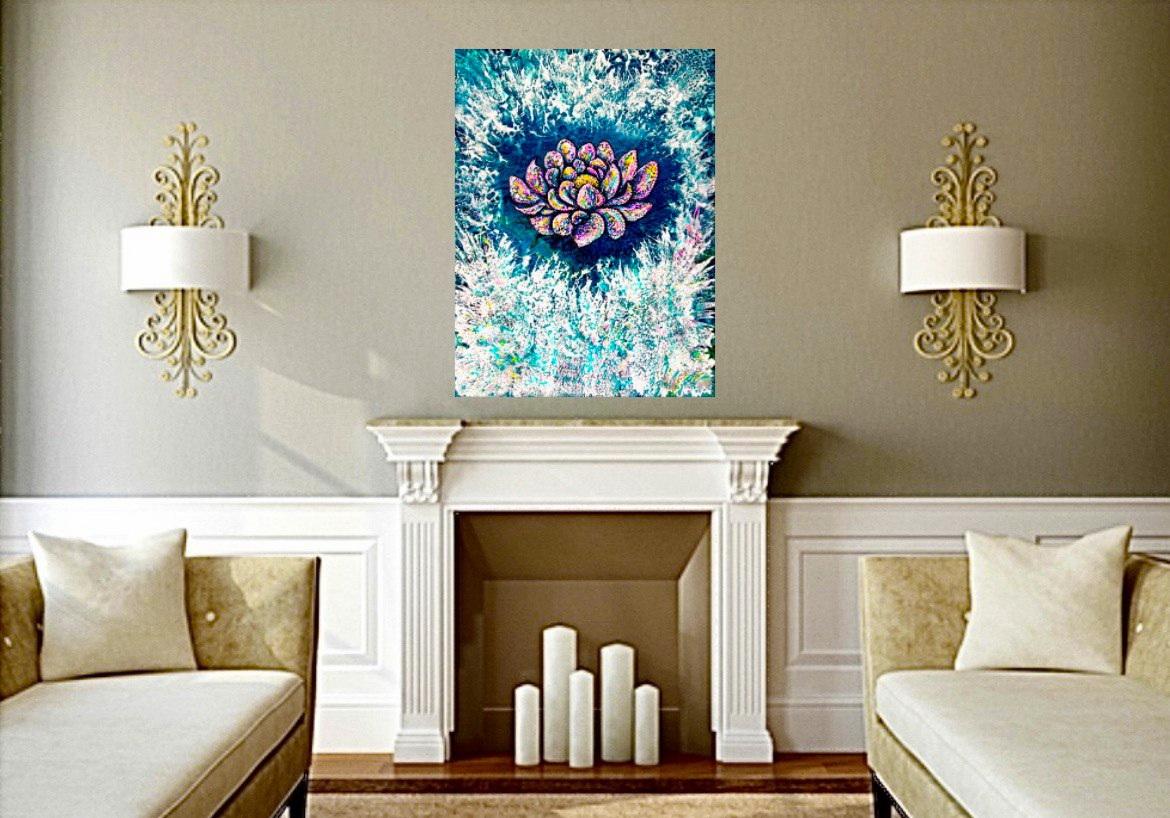 Flower of Inspiration. Abstract painting / Water / Lotus / Floral / 80x60cm - Painting by Vik Schroeder 