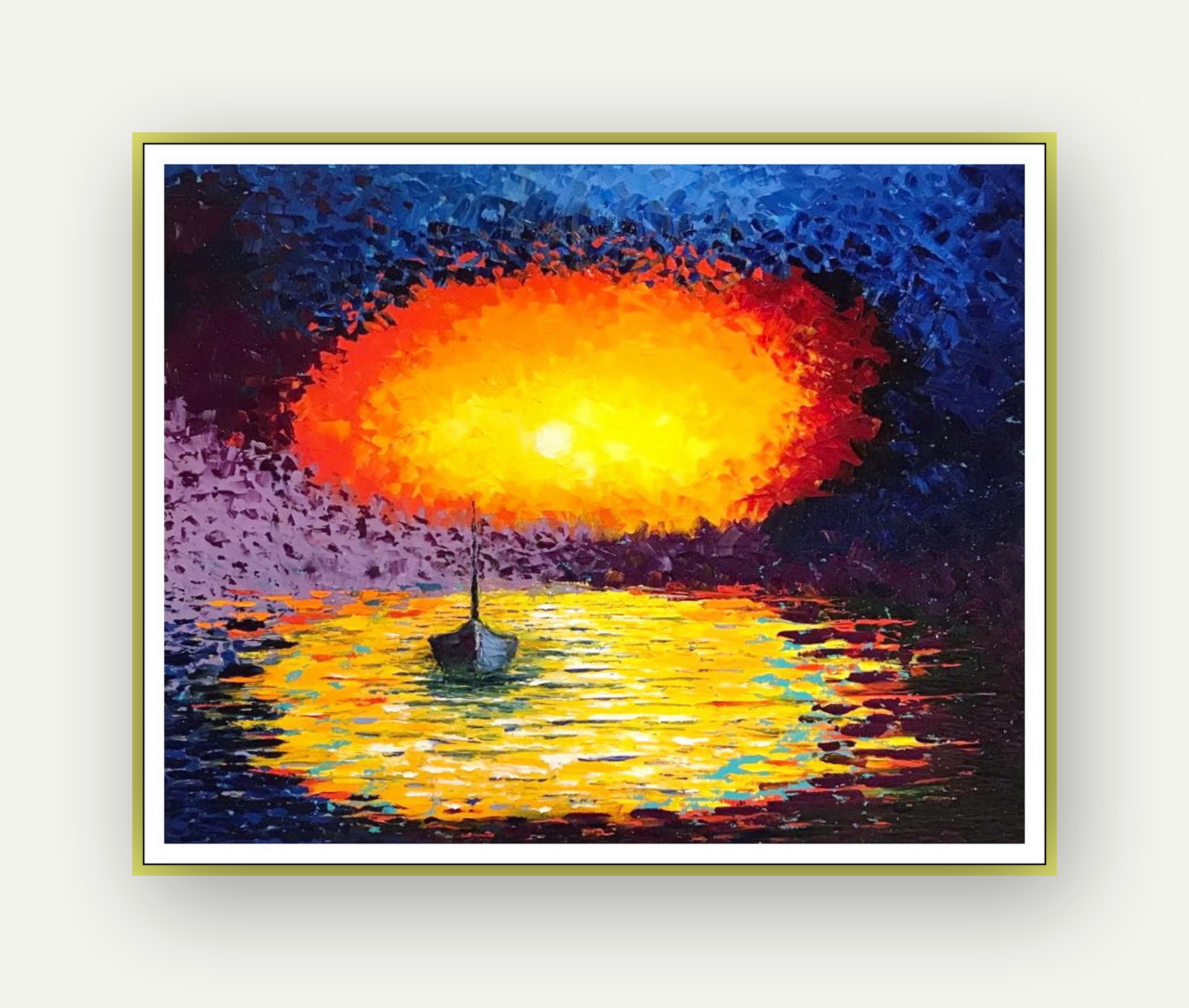 Soirée chaude. Peinture originale à l'huile / Impressionnisme / Coucher de soleil, mer,  Soleil. - Painting de Vik Schroeder 