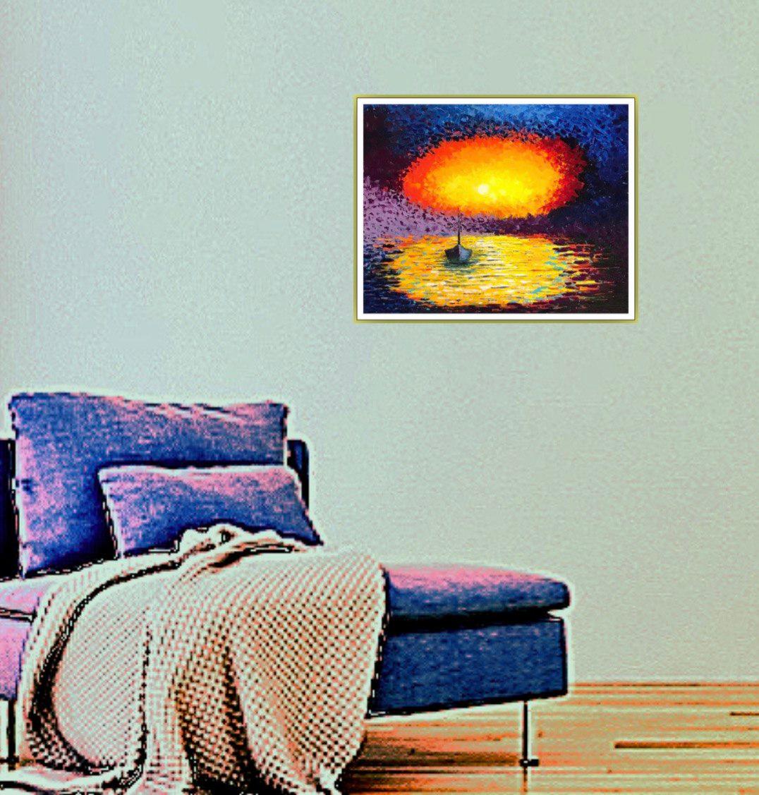 Soirée chaude. Peinture originale à l'huile / Impressionnisme / Coucher de soleil, mer,  Soleil. en vente 1