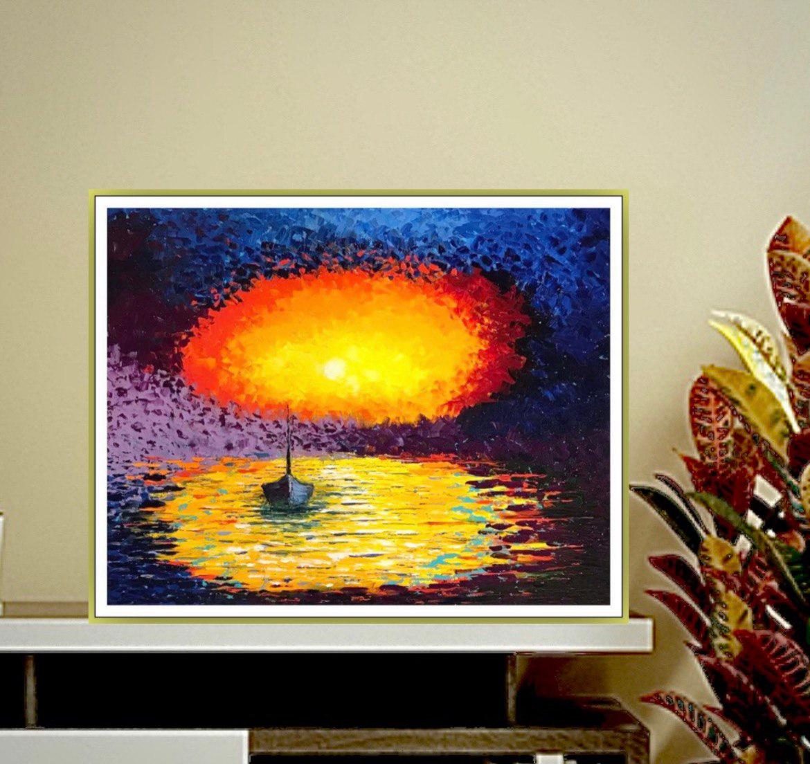 Soirée chaude. Peinture originale à l'huile / Impressionnisme / Coucher de soleil, mer,  Soleil. en vente 2