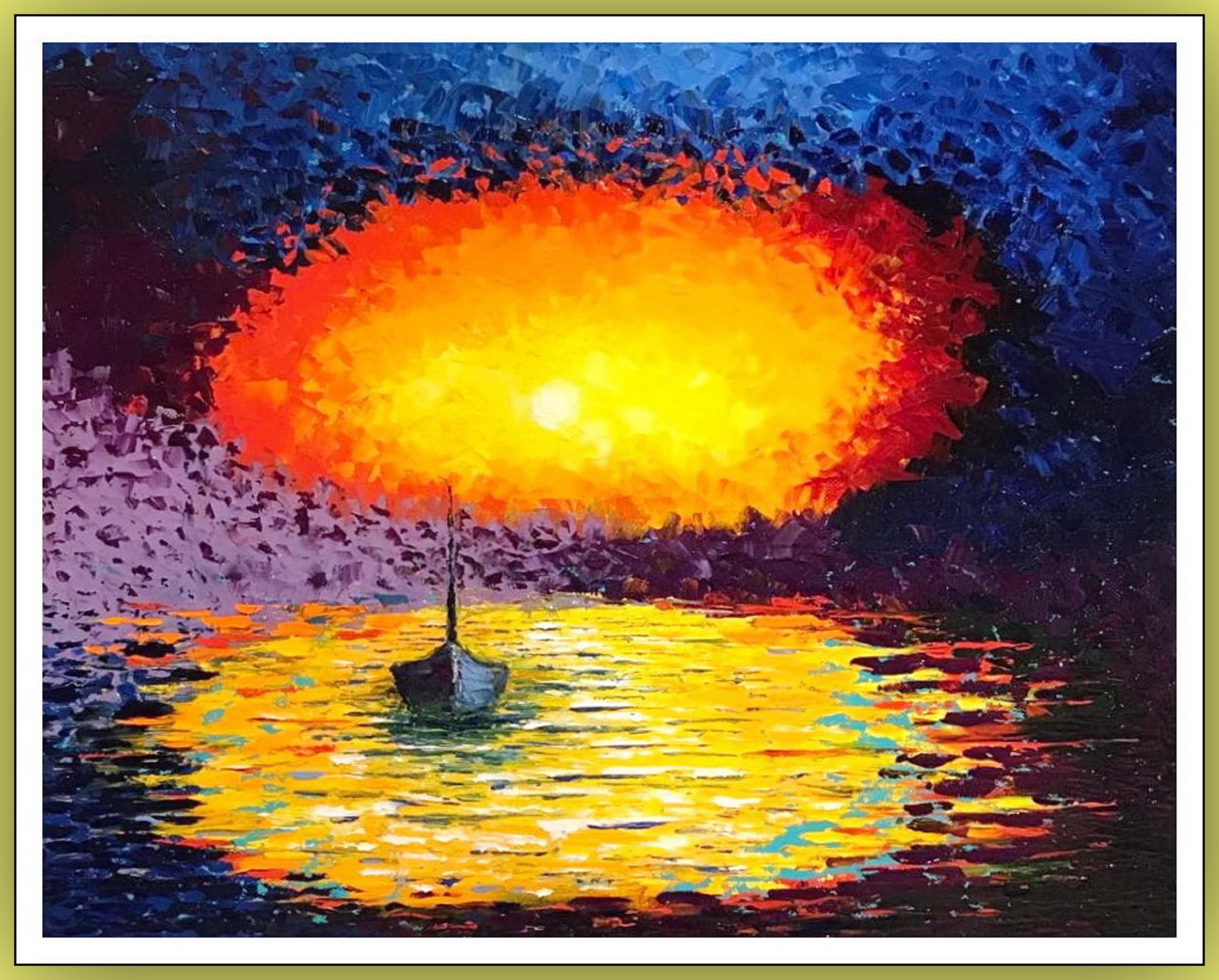 Soirée chaude. Peinture originale à l'huile / Impressionnisme / Coucher de soleil, mer,  Soleil.