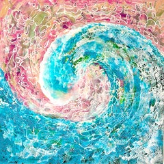 "L'onde inquisitrice". Peinture expressionniste abstraite 80/80 cm. Aquarelle, Mer, Vague.