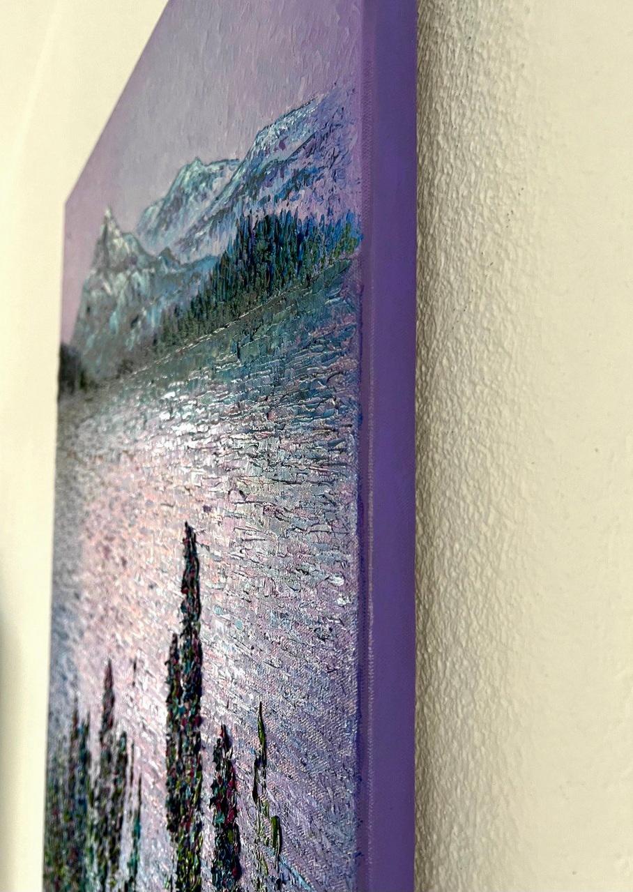       #Nature #eau #paysage 
Cette peinture est un paysage envoûtant qui plonge le spectateur dans une atmosphère de romance et de tranquillité. Les tons principaux de la peinture sont de délicates nuances de lilas, de violet et de bleu, créant une
