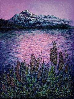 Lilac evening in the Alps / Impasto fine art. Impressionism style.