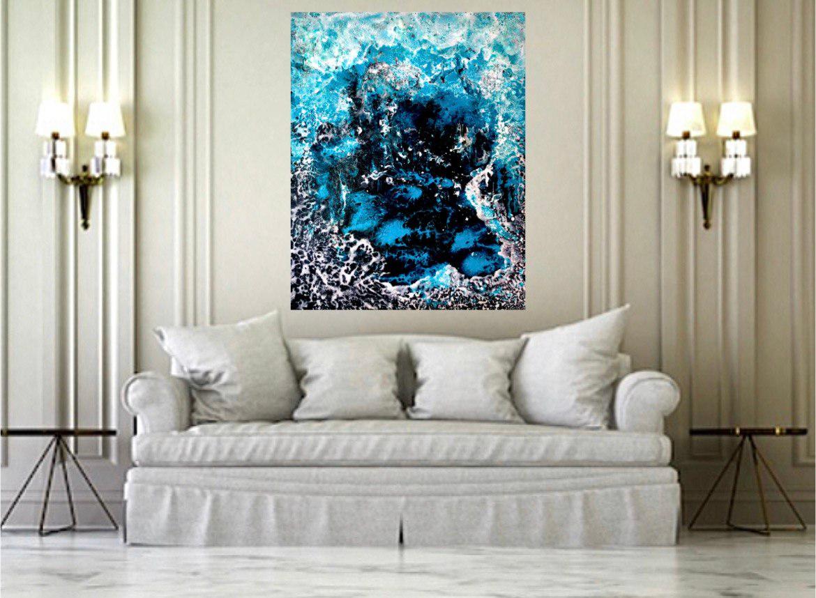 Looking into the Depth. Abstract Lage painting. / Water/ Sea / Blue, white color