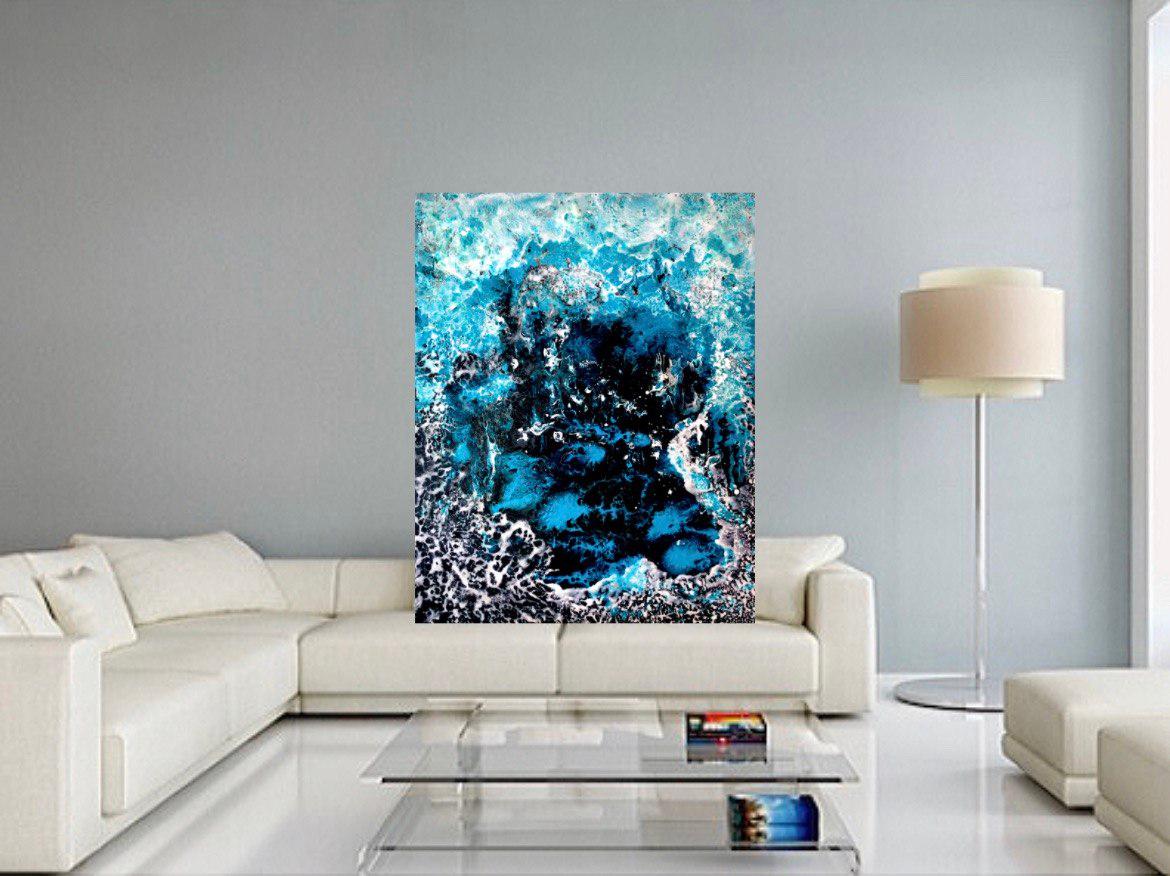 Regarder en profondeur. Peinture abstraite Lage. / Eau/ Mer / Bleu, couleur blanche en vente 2