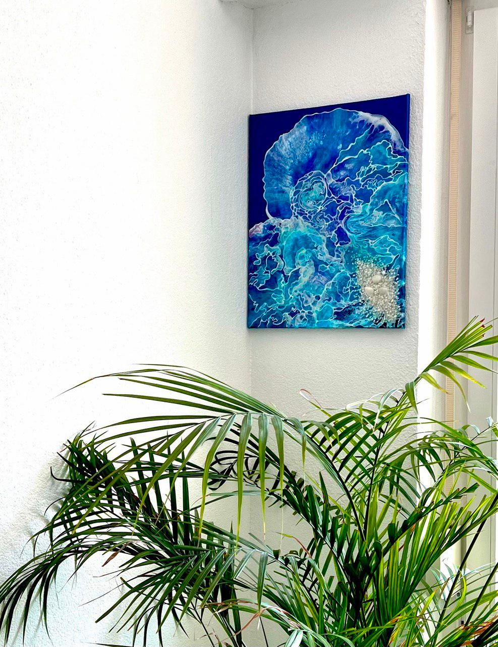 L'amour du ciel et de la vague. Peinture à l'eau abstraite. Nuages dans l'océan bleu.   en vente 9