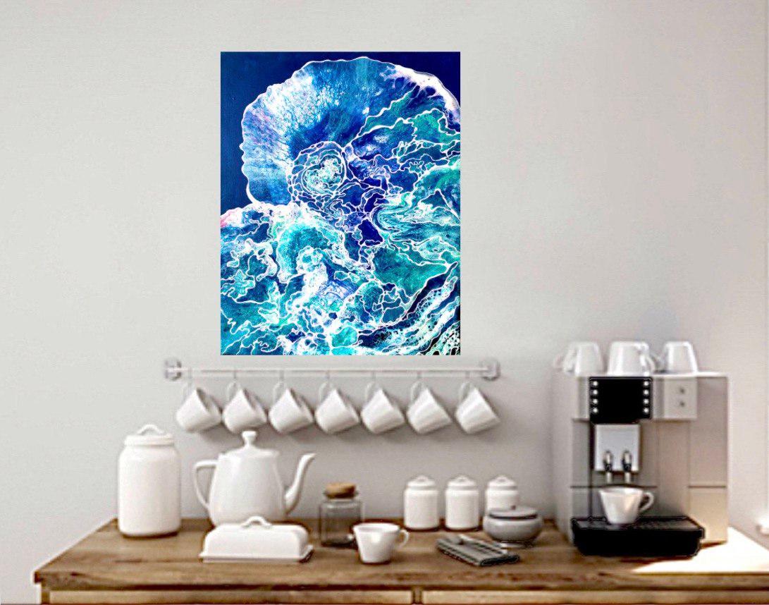 L'amour du ciel et de la vague. Peinture à l'eau abstraite. Nuages dans l'océan bleu.   en vente 1