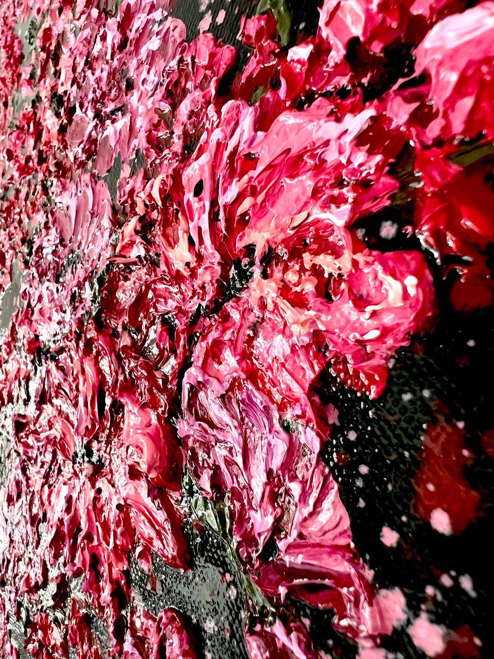  This vibrant burst of flowers contains the pure energy of nature's rebirth. Oil allowed for the layering of textures and shades, mixing expressionism with shades of abstraction. It is a dance of light and shadow, a symphony of crimson color that