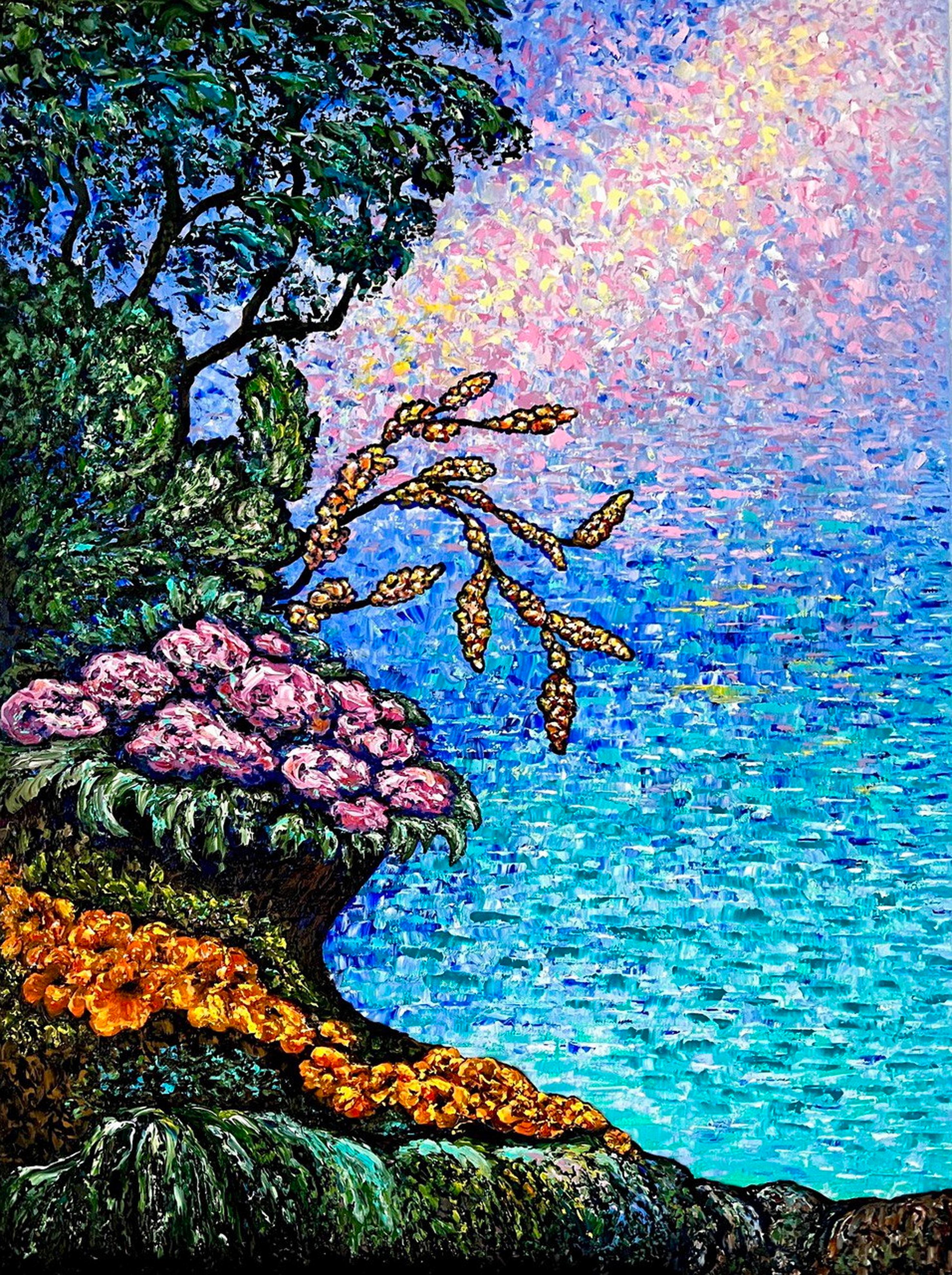 Landscape Painting Vik Schroeder  - Montreux. Matinée paradisiaque au bord du lac Geneva. Impasto fineart. Style impressionniste.