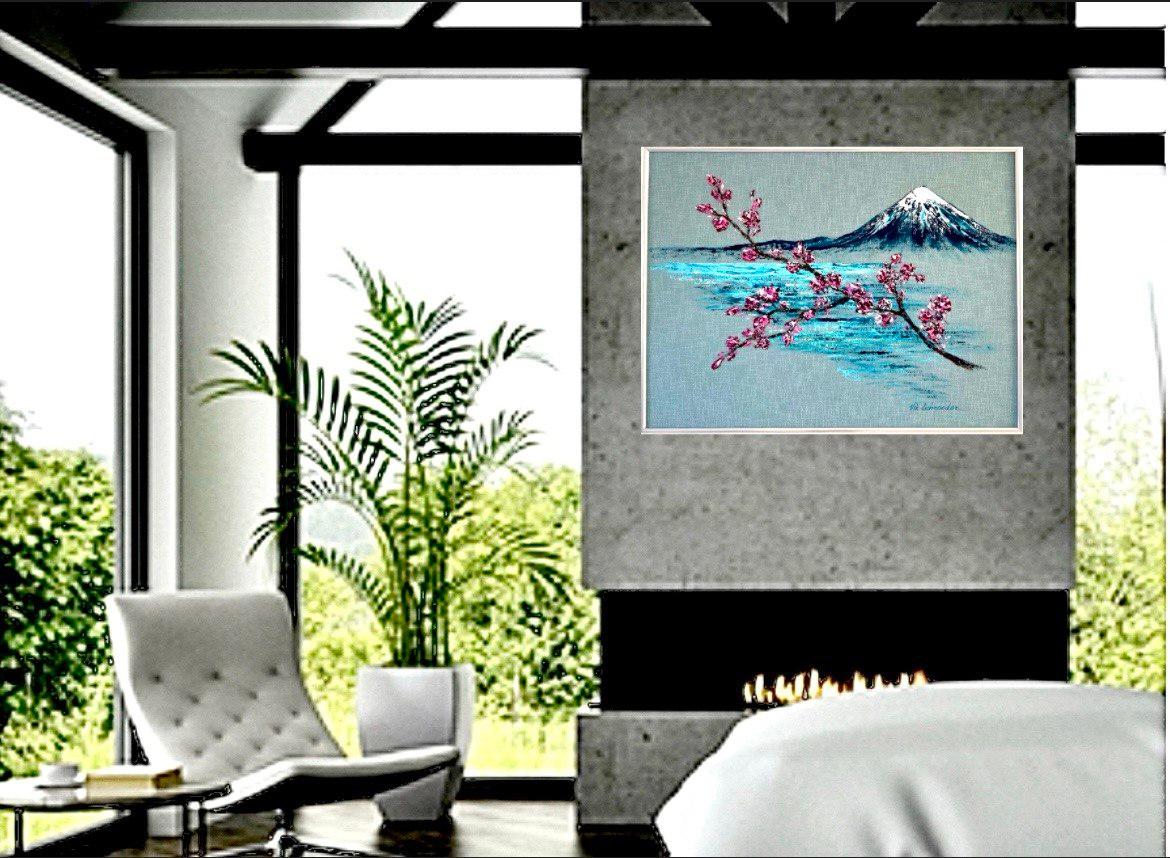Le Mount Fuji accueille le printemps / Original Art / Blooming trees in spring / 60*80 cm. en vente 8