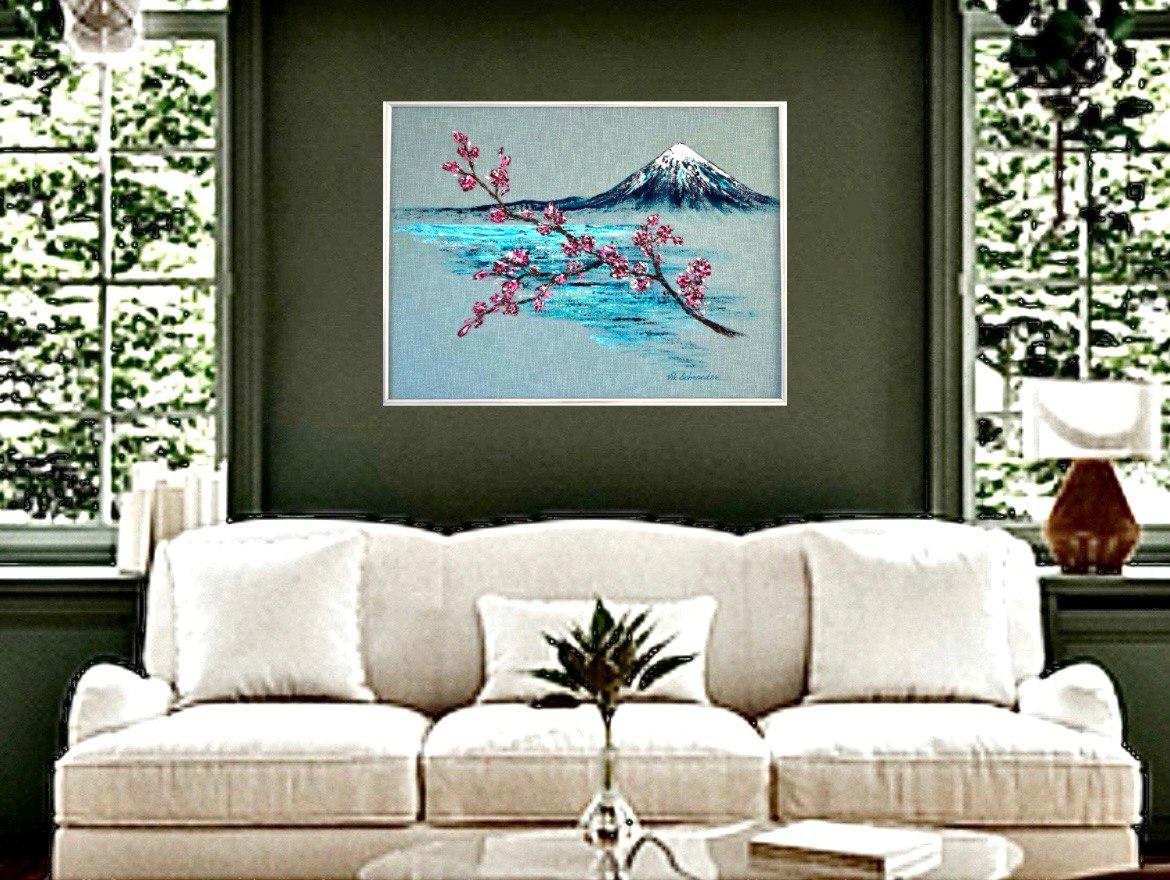 Le Mount Fuji accueille le printemps / Original Art / Blooming trees in spring / 60*80 cm. en vente 9