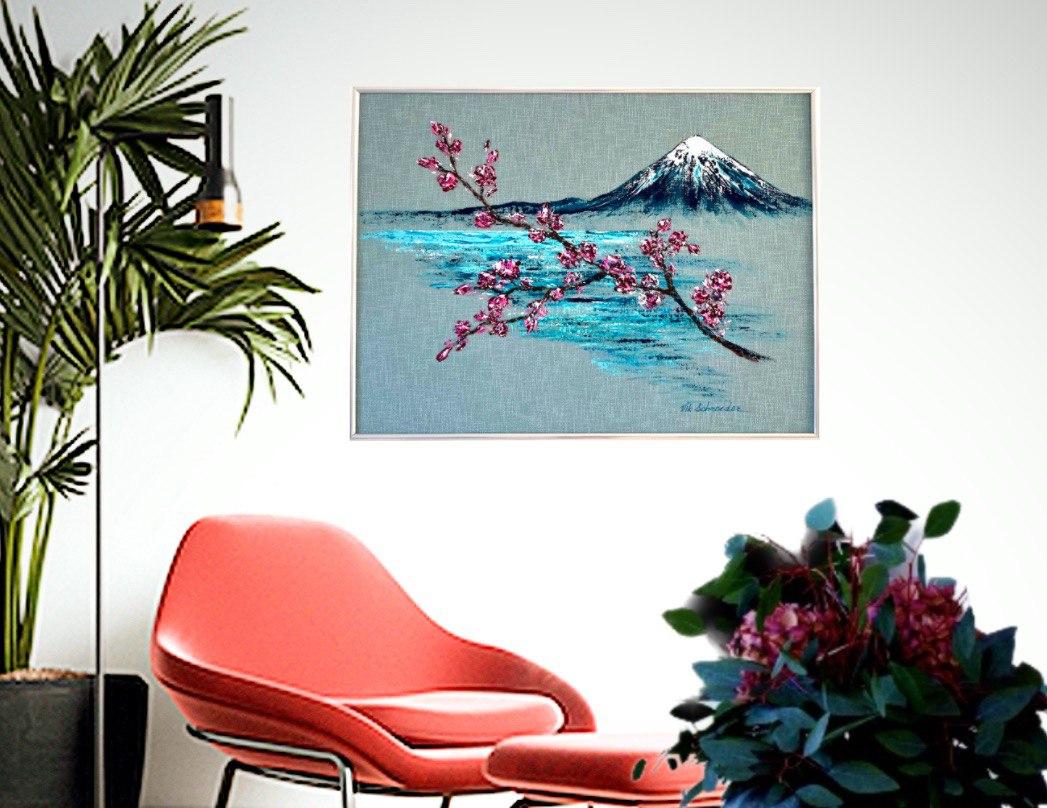 Le Mount Fuji accueille le printemps / Original Art / Blooming trees in spring / 60*80 cm. en vente 10