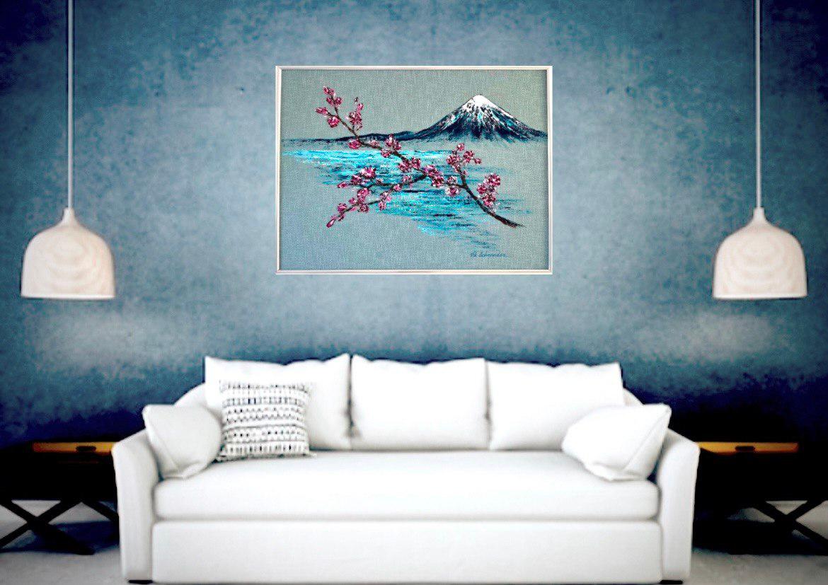 Mount Fuji welcomes Spring / Original Art / Blooming trees in spring / 60*80 cm. For Sale 13