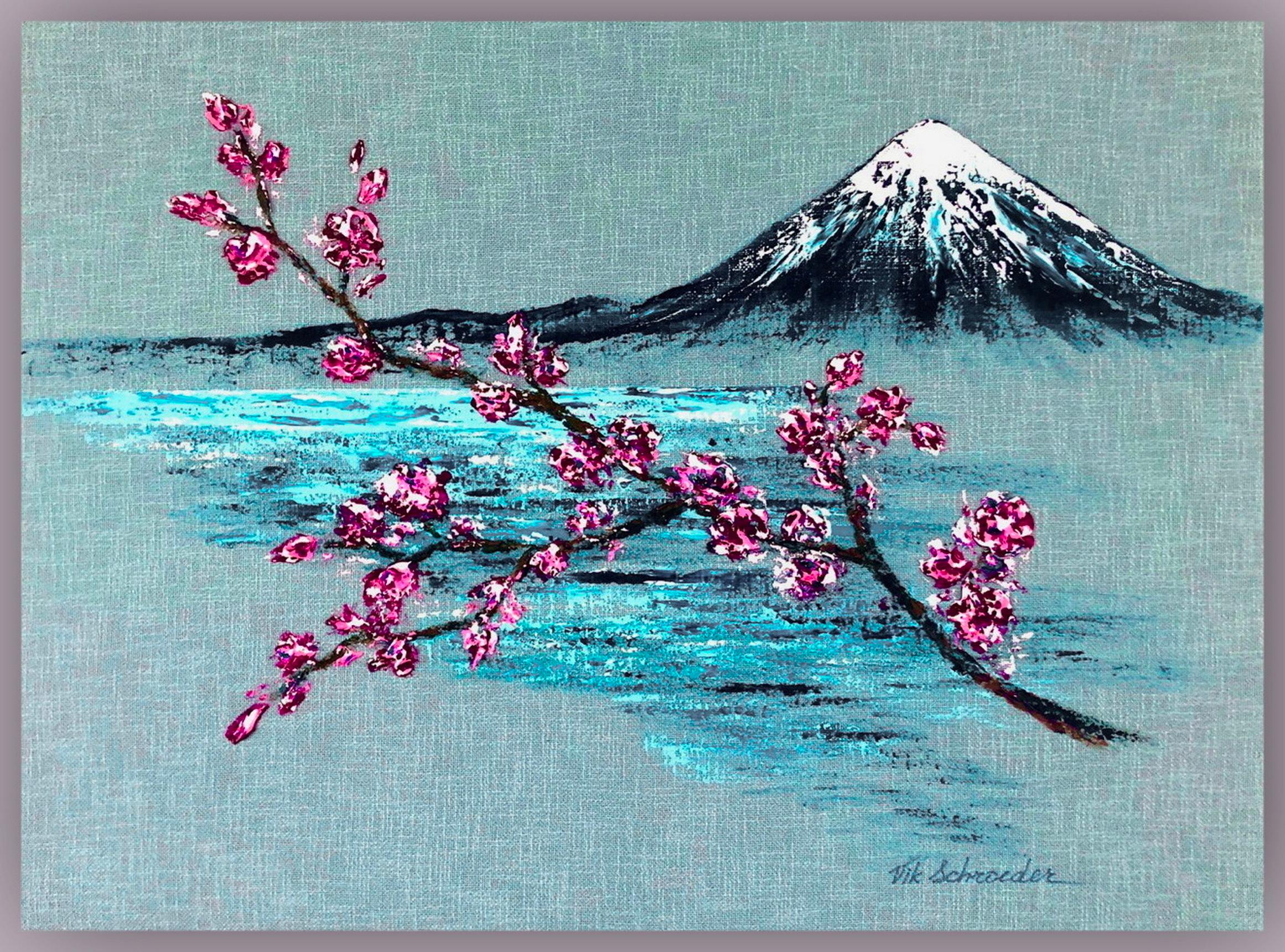 Le Mount Fuji accueille le printemps / Original Art / Blooming trees in spring / 60*80 cm. - Painting de Vik Schroeder 