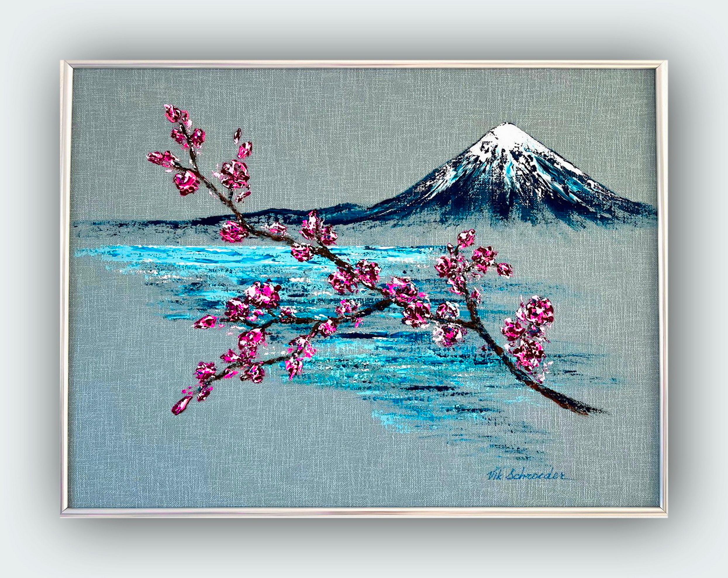 Le Mount Fuji accueille le printemps / Original Art / Blooming trees in spring / 60*80 cm.