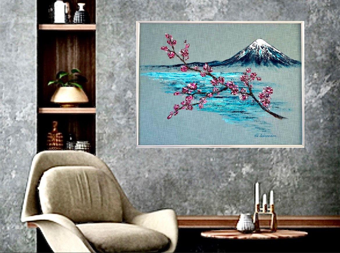 Le Mount Fuji accueille le printemps / Original Art / Blooming trees in spring / 60*80 cm. en vente 5