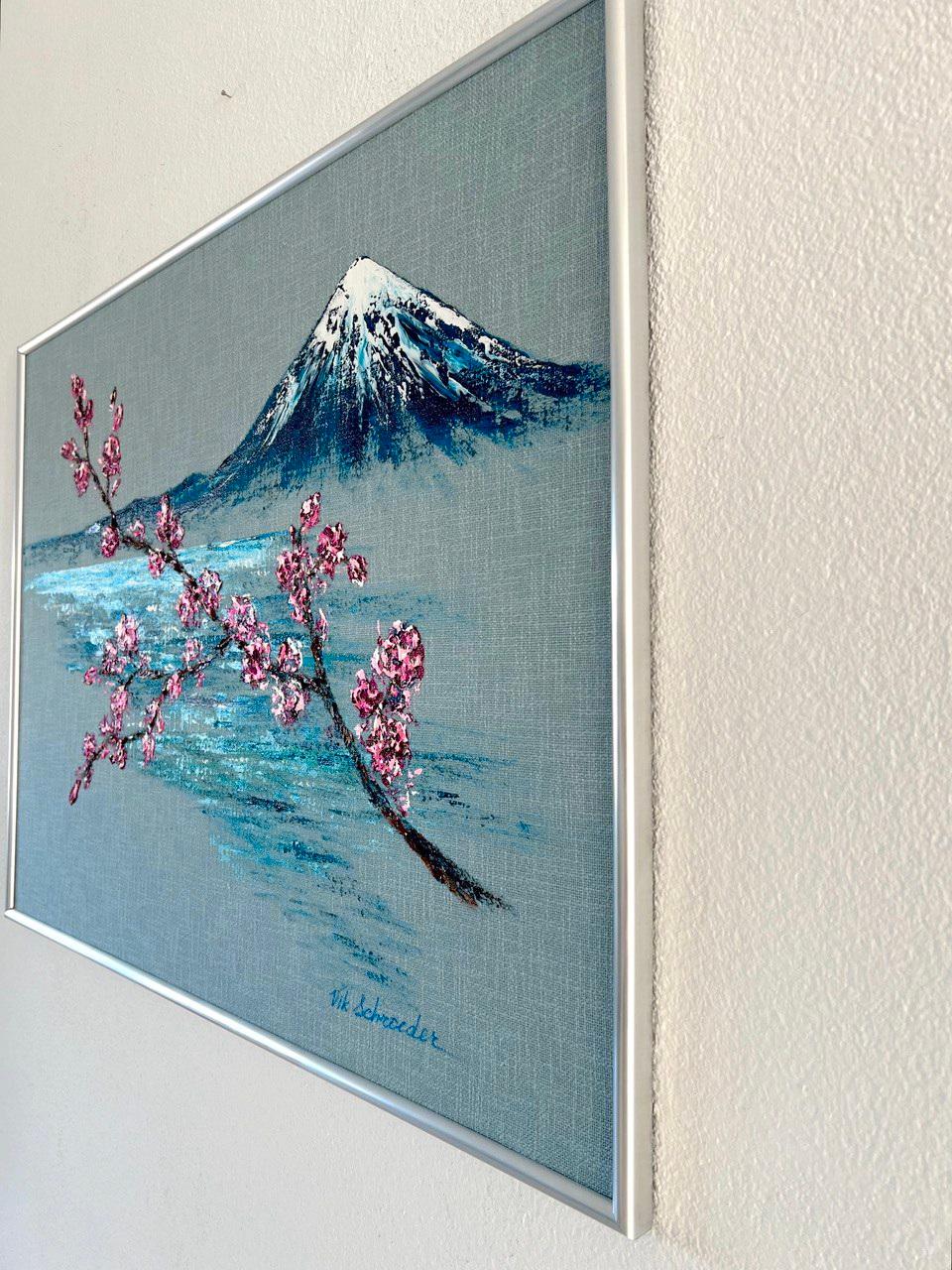 Le Mount Fuji accueille le printemps / Original Art / Blooming trees in spring / 60*80 cm. en vente 6