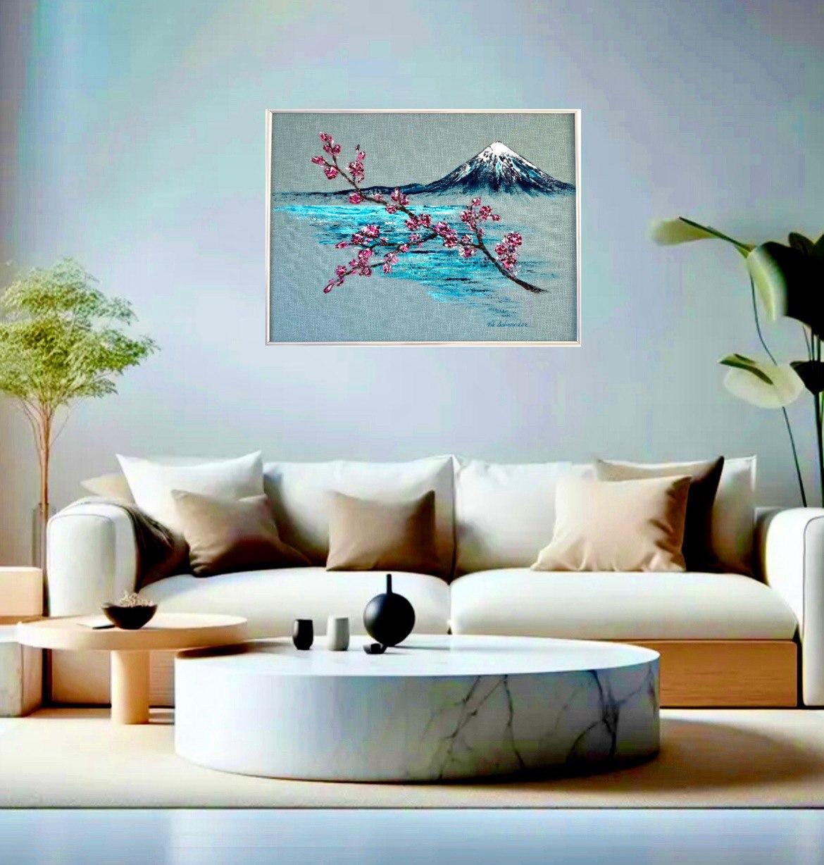 Mount Fuji welcomes Spring / Original Art / Blooming trees in spring / 60*80 cm. For Sale 5