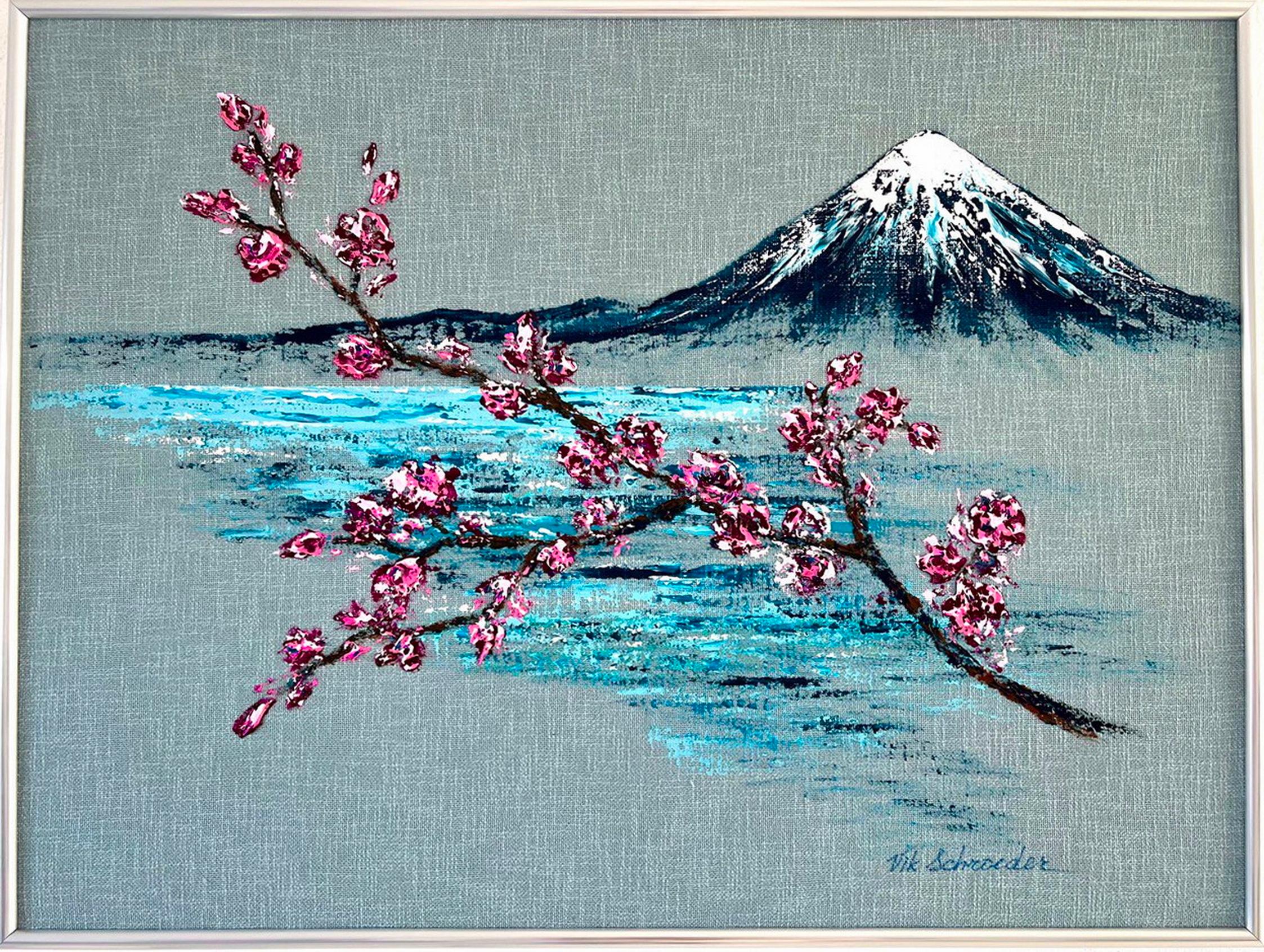 Interior Painting Vik Schroeder  - Le Mount Fuji accueille le printemps / Original Art / Blooming trees in spring / 60*80 cm.