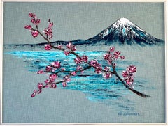 Le Mount Fuji accueille le printemps / Original Art / Blooming trees in spring / 60*80 cm.