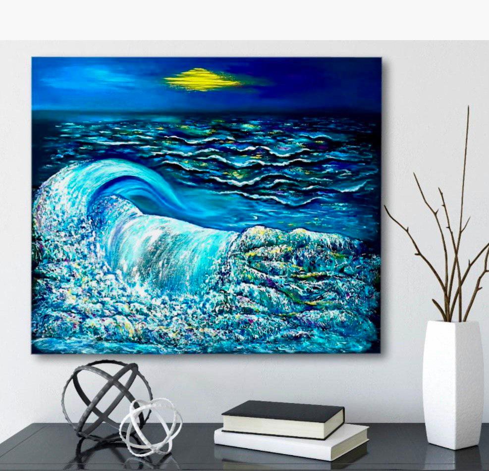   Psychologists believe that the blue palette has a beneficial effect on the human psyche, promotes the development of imagination and good sleep.
     This bright colors painting was created in the impressionism style on a high-quality canvas